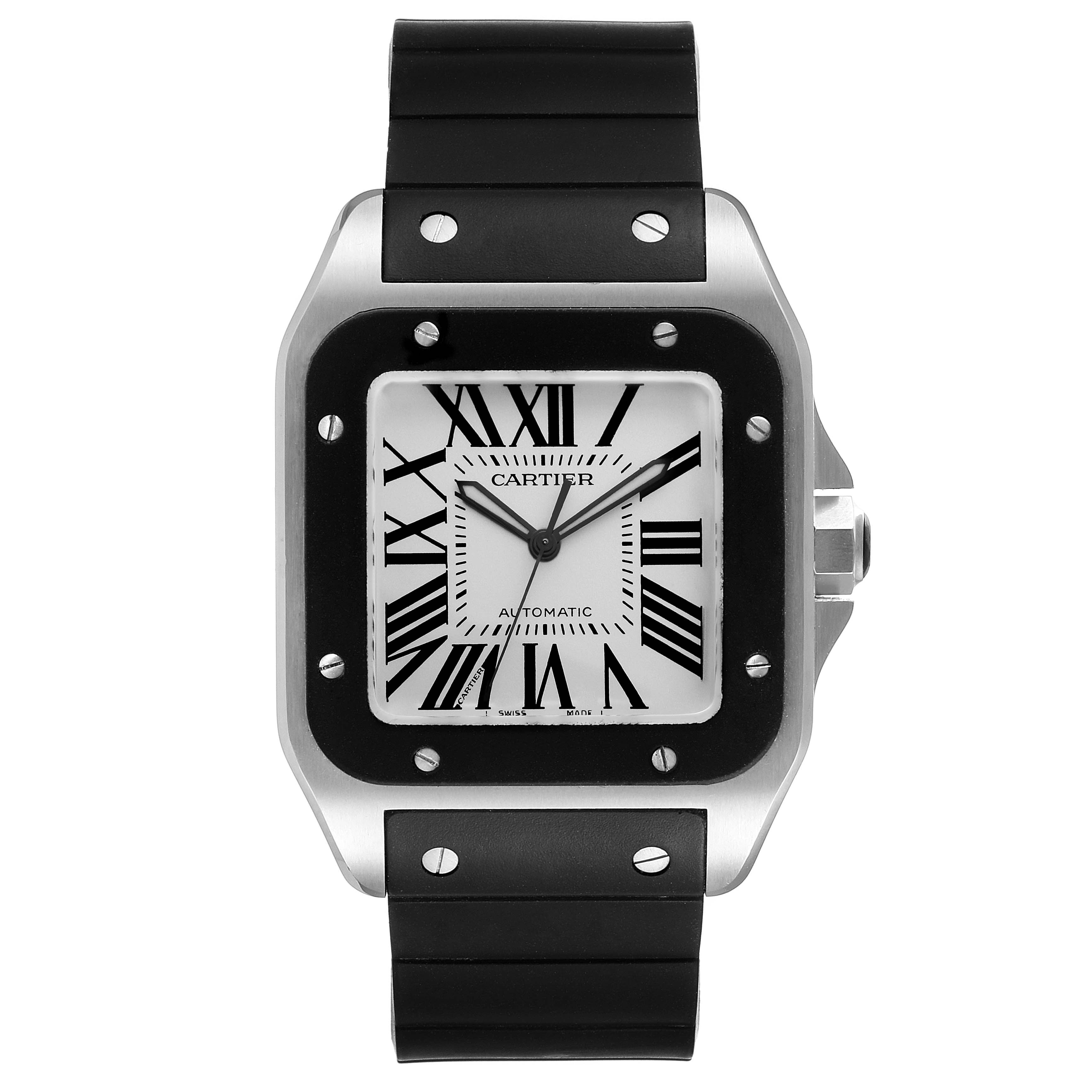 The image shows a front view of a Cartier Santos W20121U2 Men's Stainless Steel Silver Dial W20121U2 Men's Stainless Steel Silver Dial watch with a black strap and a square dial with Roman numerals.