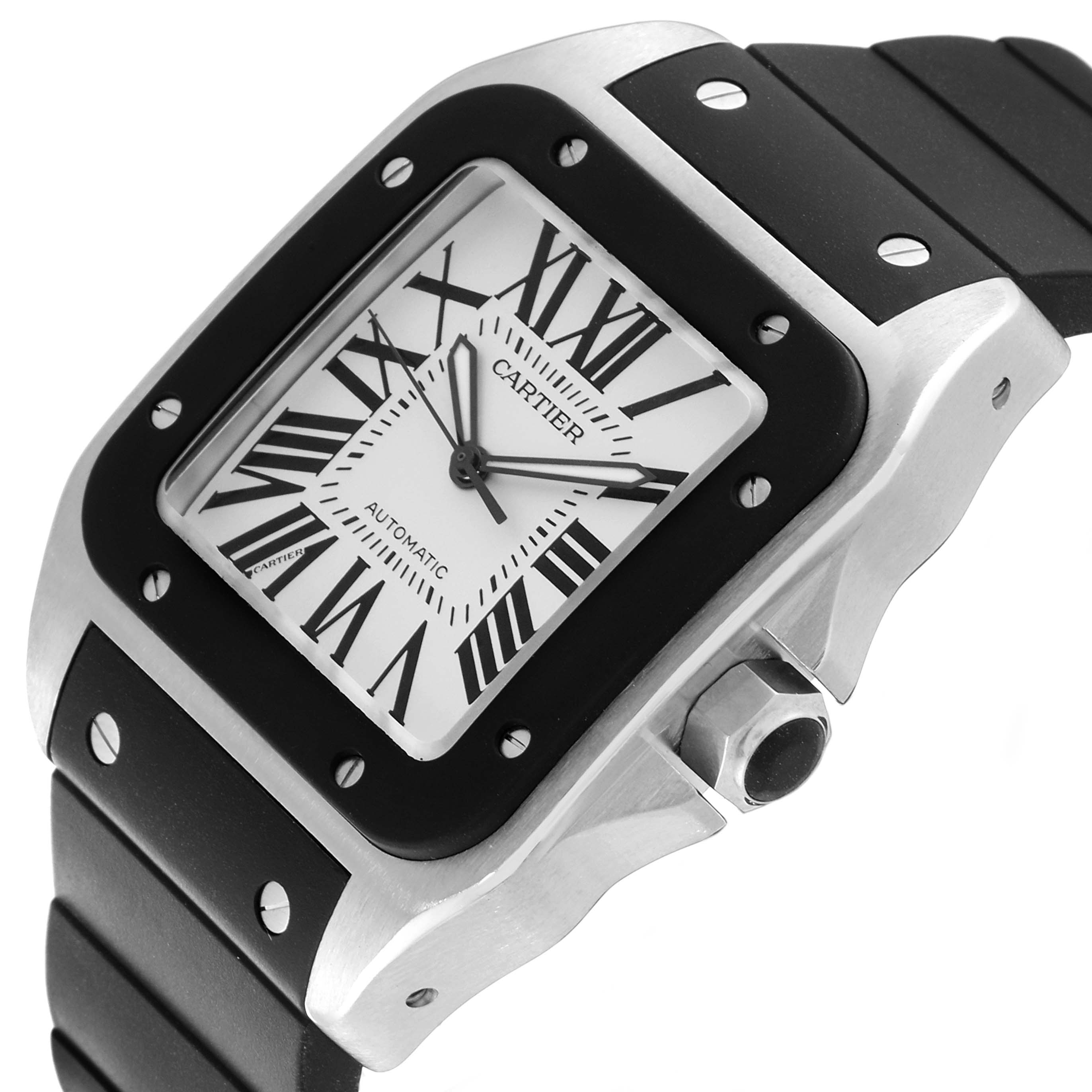 The image shows a close-up angle of the face and part of the strap of a Cartier Santos W20121U2 Men's Stainless Steel Silver Dial W20121U2 Men's Stainless Steel Silver Dial watch.