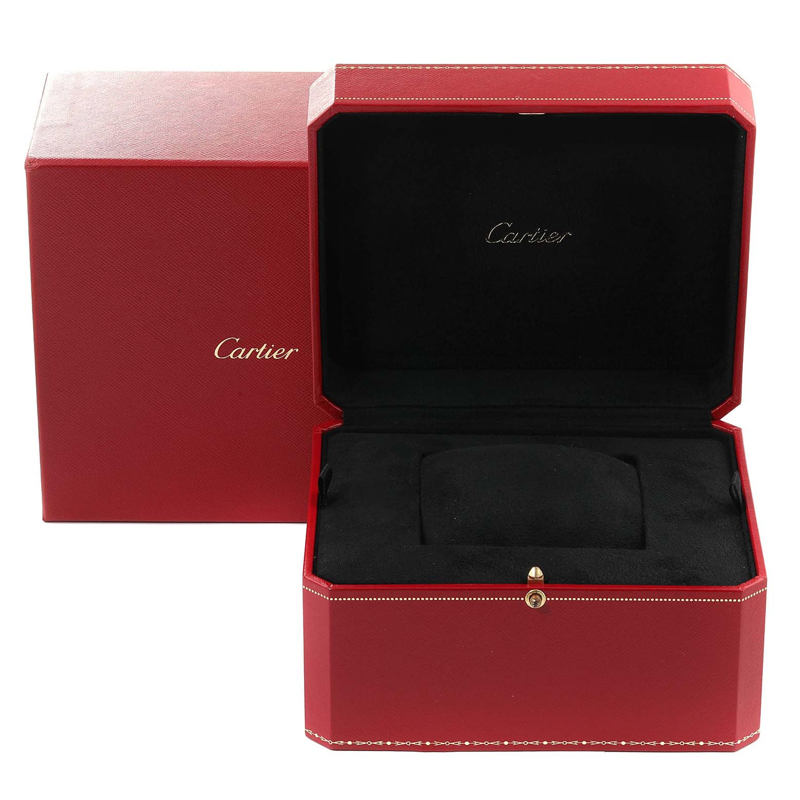 This image shows the open box of a Santos de Cartier watch, highlighting the branded red exterior and black interior.