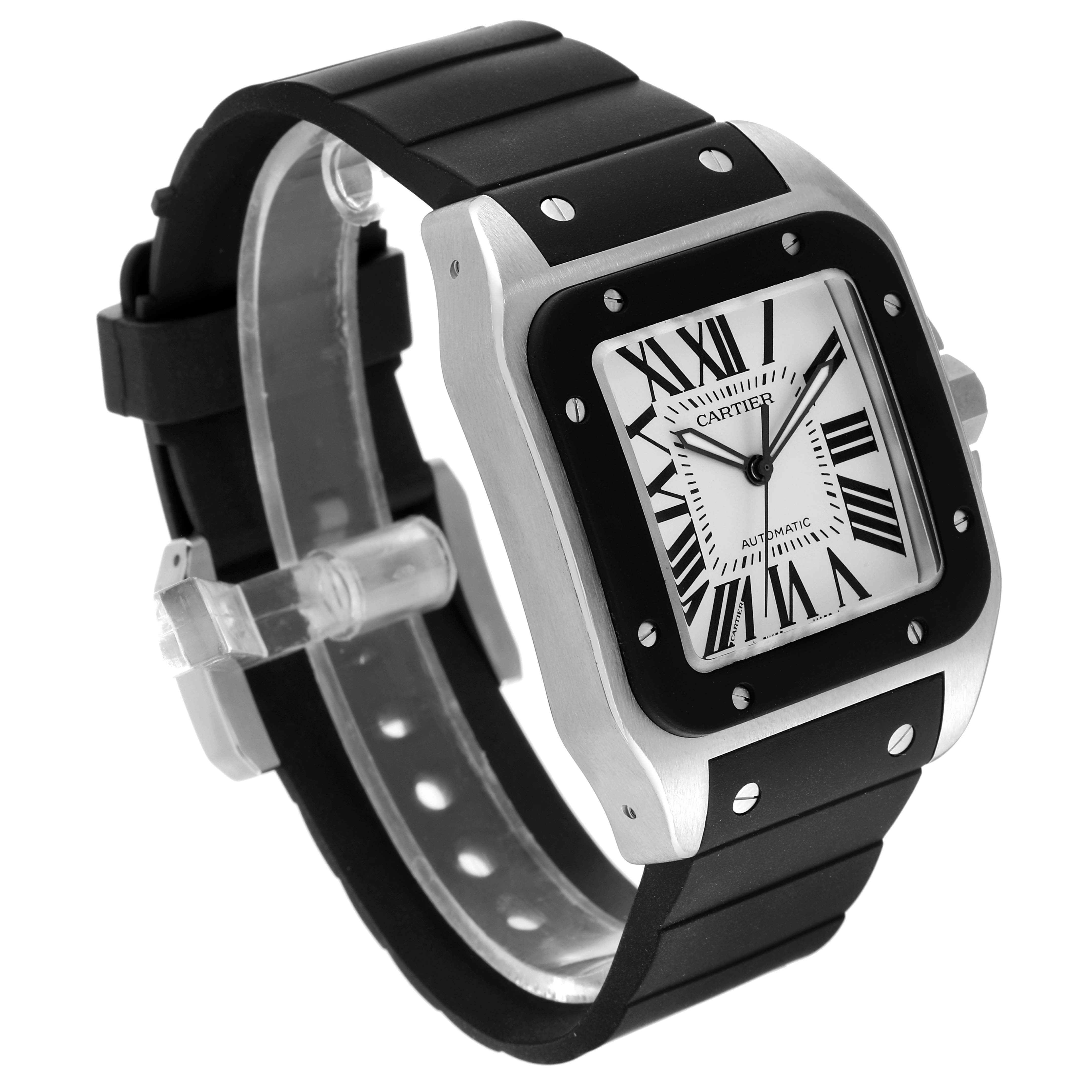 This Cartier Santos W20121U2 Men's Stainless Steel Silver Dial W20121U2 Men's Stainless Steel Silver Dial watch is shown at a side angle, highlighting its square face, Roman numerals, and black rubber strap.