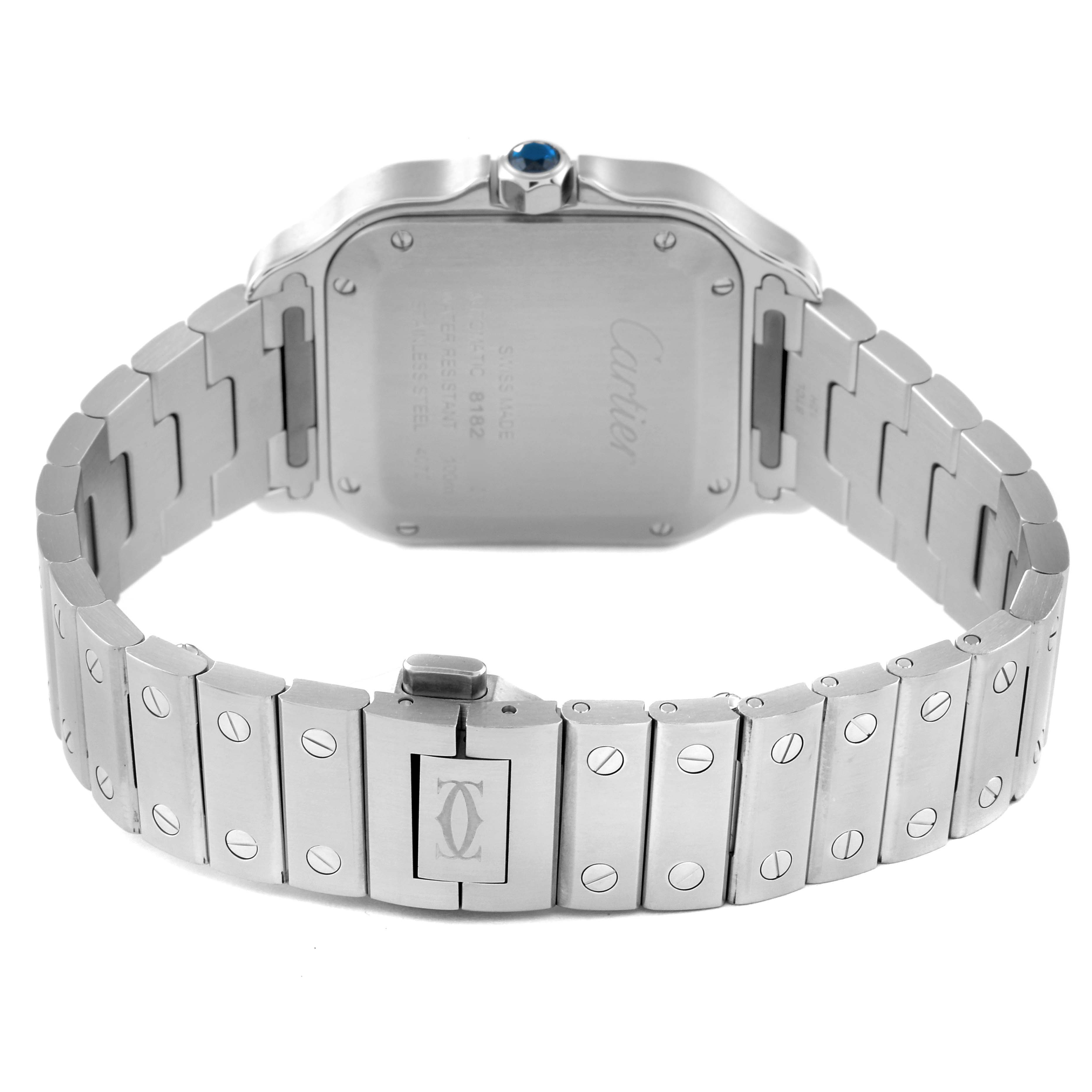 The image shows the back case and bracelet of a Cartier Santos WSSA0029 Men
s Stainless Steel Silver Dial WSSA0029 Men
s Stainless Steel Silver Dial watch, featuring a blue cabochon crown.