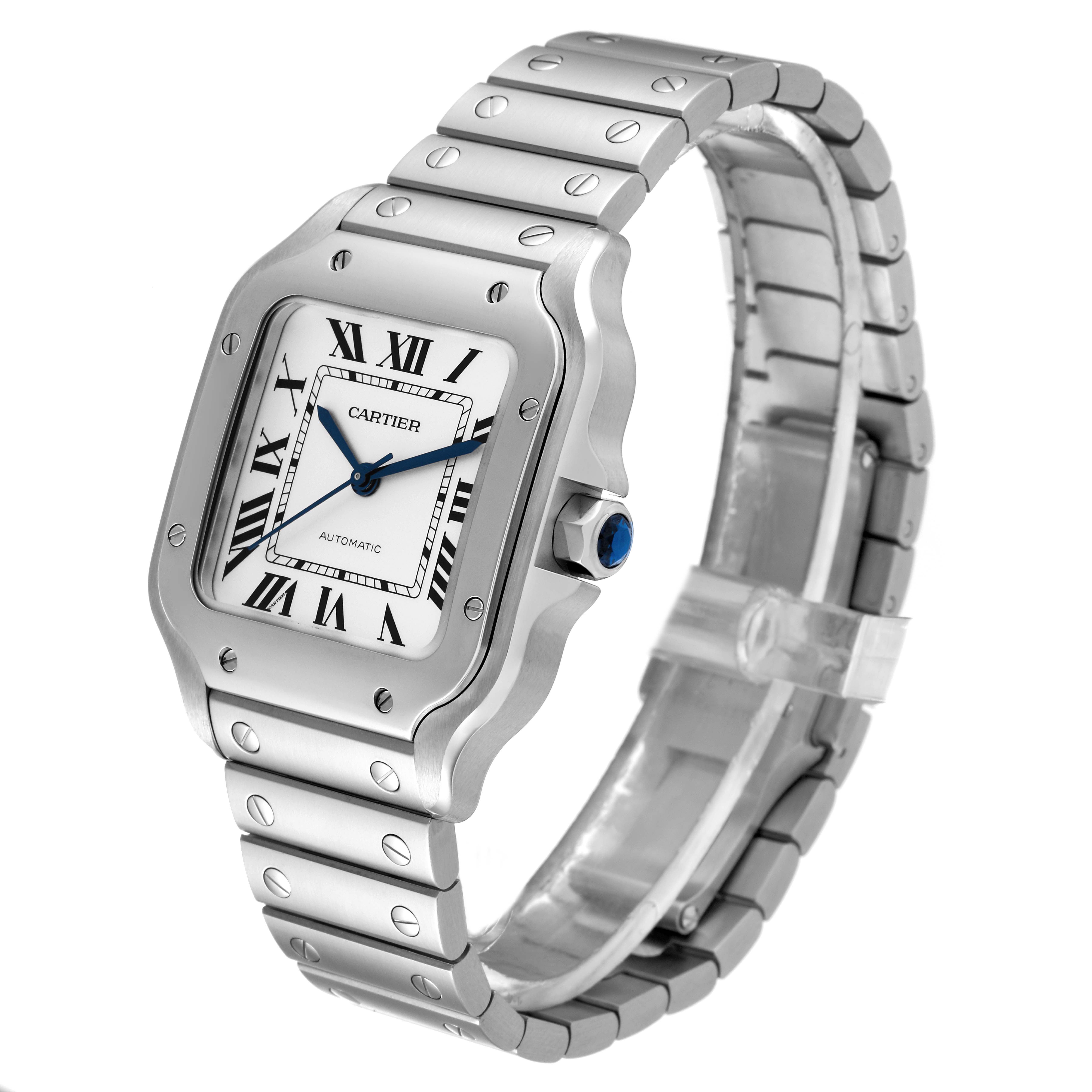 The image shows a side angle of the Cartier Santos WSSA0029 Men
s Stainless Steel Silver Dial WSSA0029 Men
s Stainless Steel Silver Dial watch, highlighting its square face, Roman numeral dial, and metal bracelet.