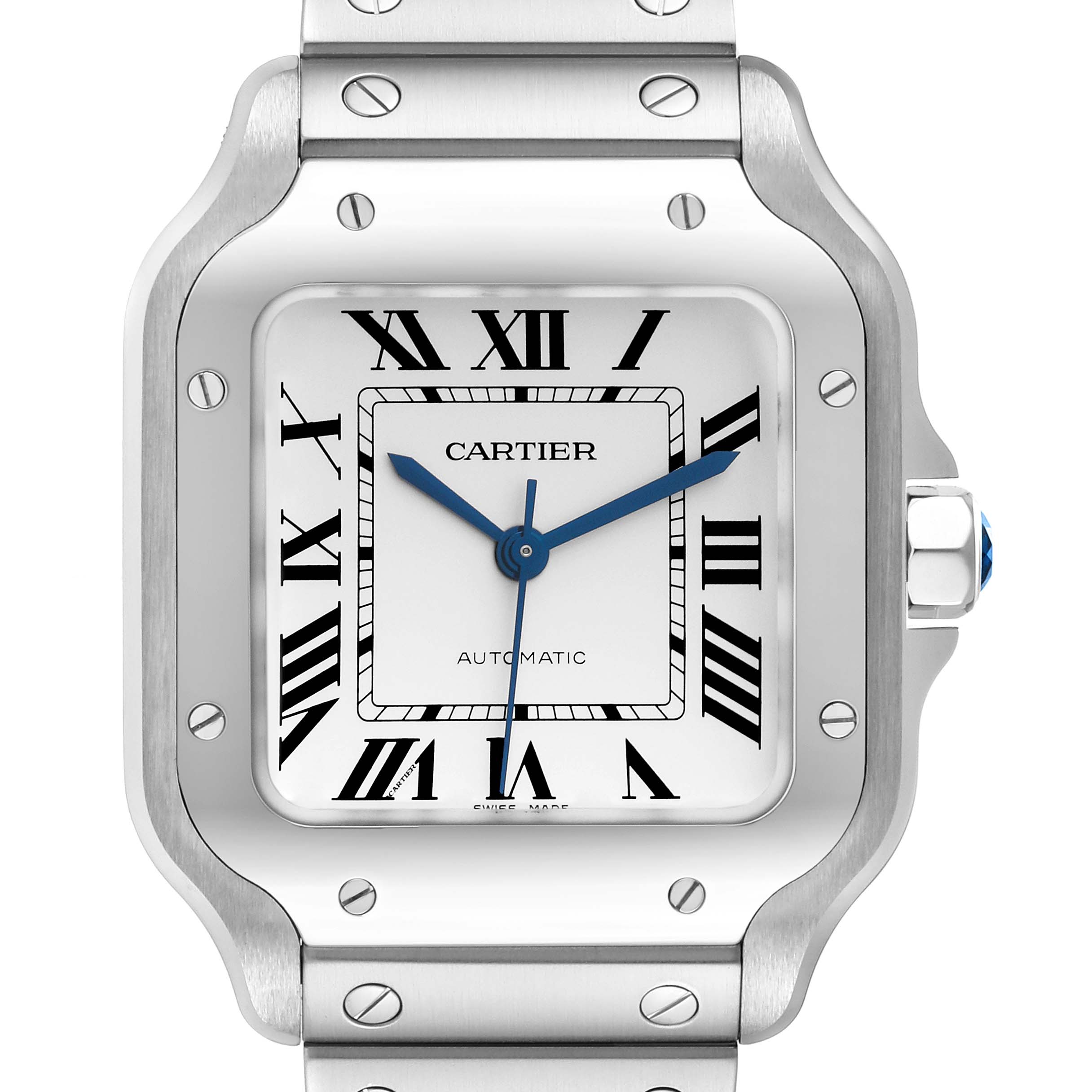 The image shows a frontal view of the Cartier Santos WSSA0029 Men
s Stainless Steel Silver Dial WSSA0029 Men
s Stainless Steel Silver Dial watch, highlighting the dial, bezel, crown, and part of the bracelet.