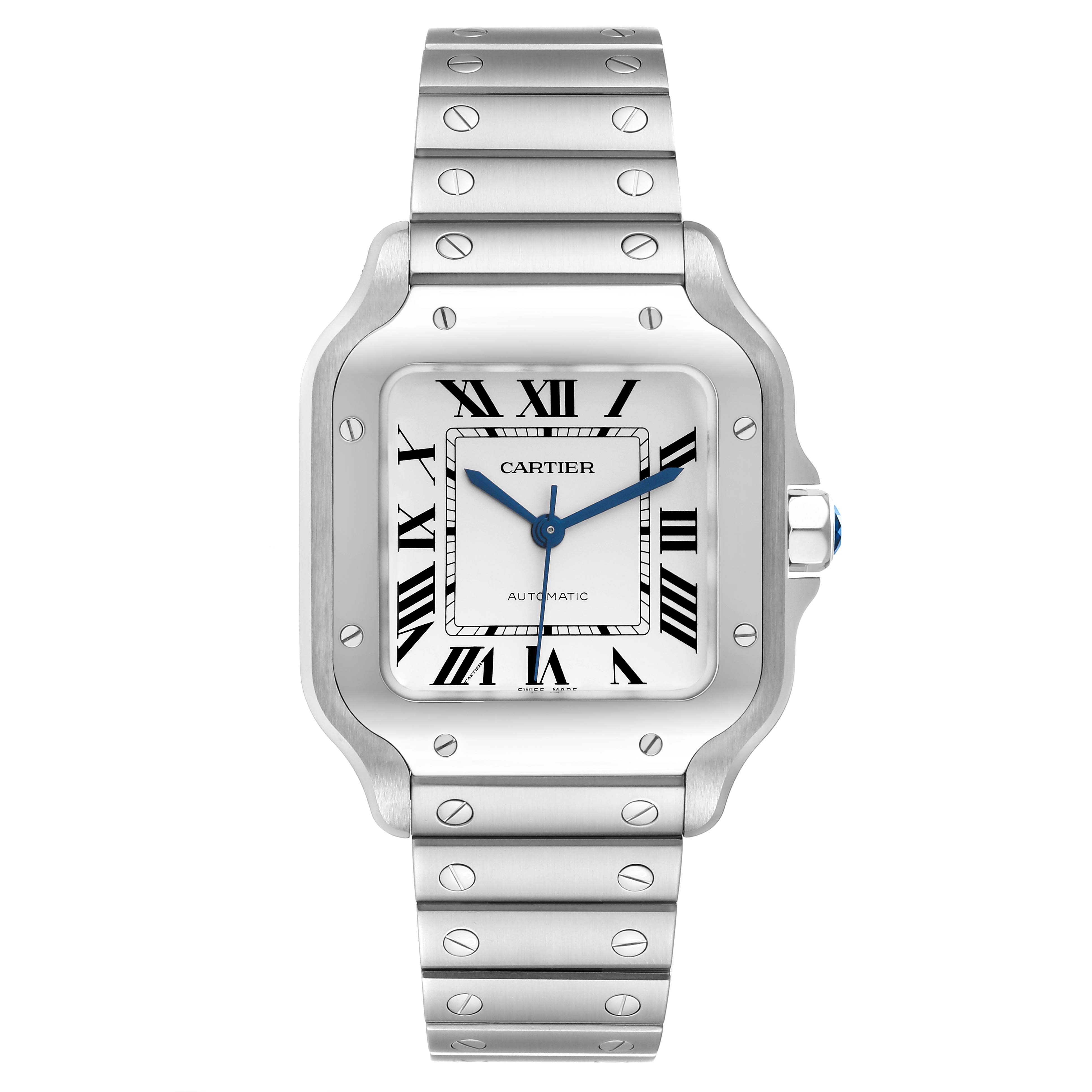The image shows a front view of the Cartier Santos WSSA0029 Men
s Stainless Steel Silver Dial WSSA0029 Men
s Stainless Steel Silver Dial watch, highlighting the dial, bezel, and bracelet.