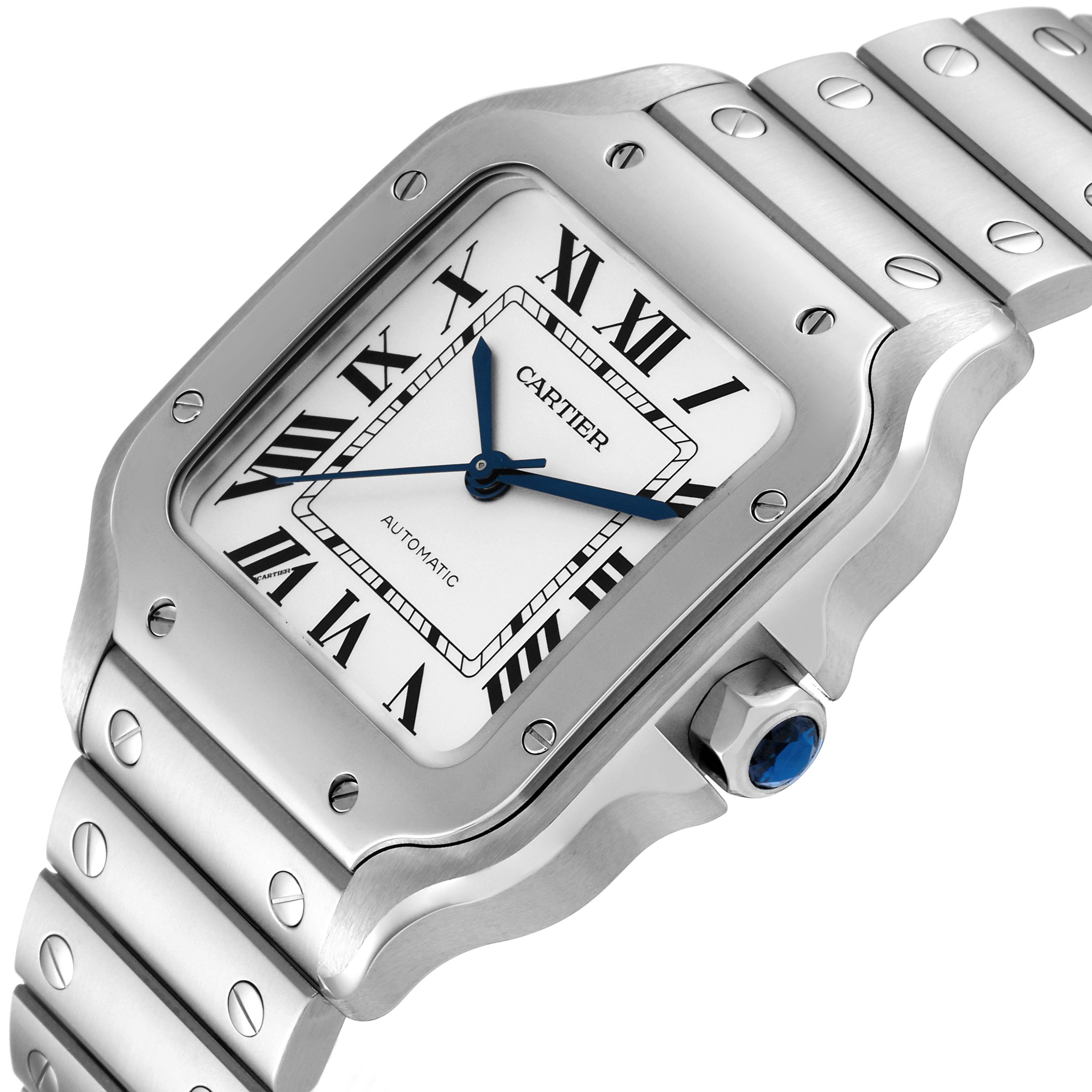 This is a Cartier Santos WSSA0029 Men
s Stainless Steel Silver Dial WSSA0029 Men
s Stainless Steel Silver Dial watch shown at a close-up angle showcasing its face, bezel, crown, and part of the bracelet.