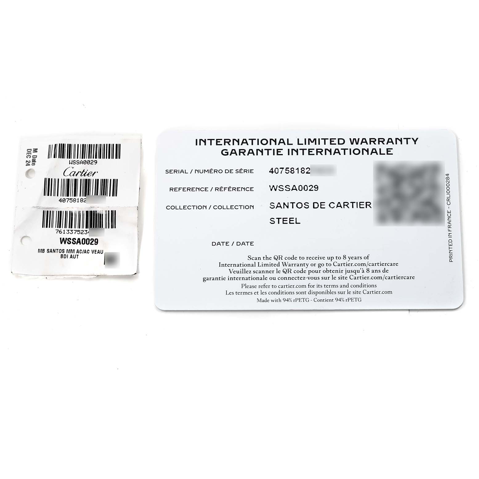 The image shows the warranty card and tags for a Santos de Cartier watch, providing model information and material details.