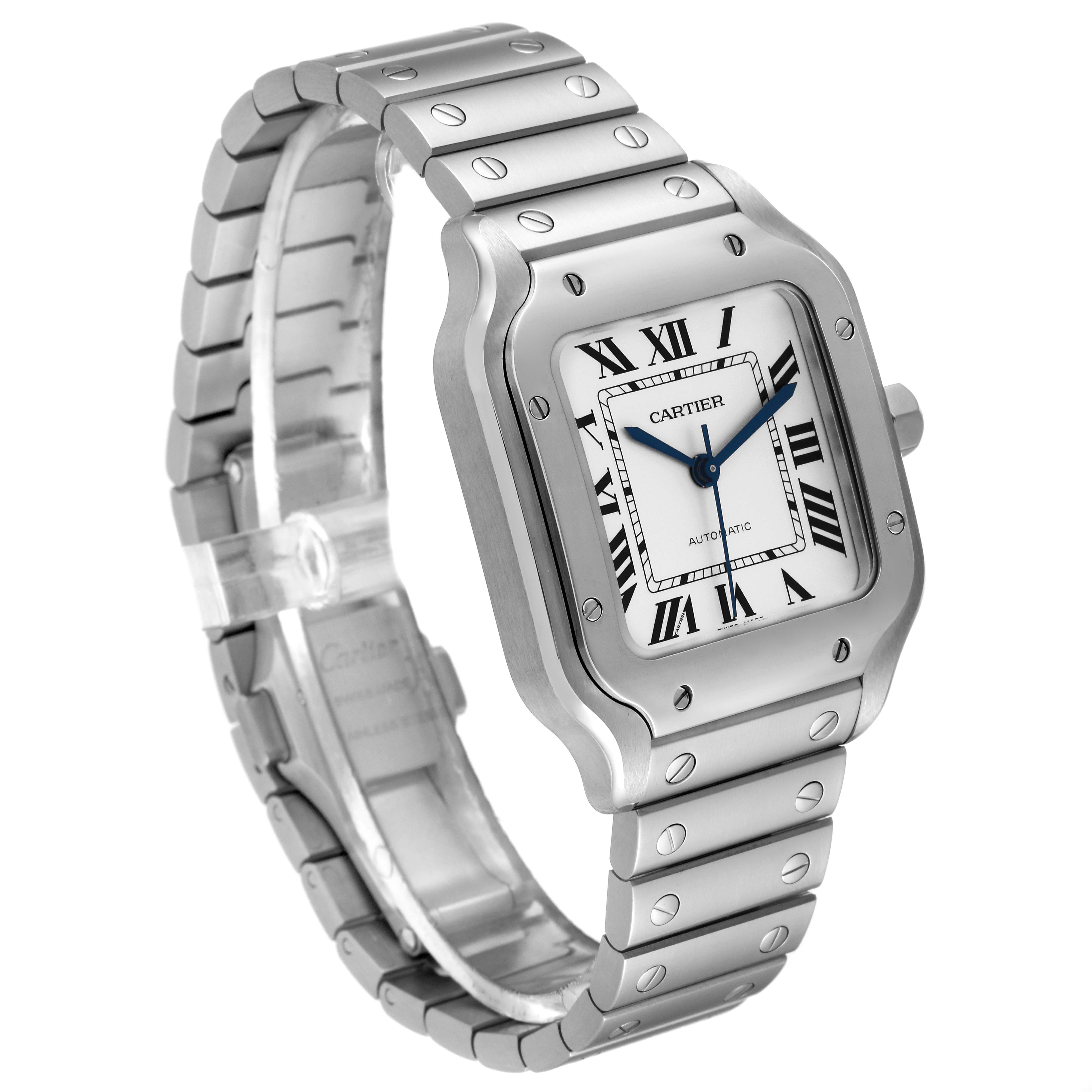 The image shows a side angle of the Cartier Santos WSSA0029 Men
s Stainless Steel Silver Dial WSSA0029 Men
s Stainless Steel Silver Dial watch, highlighting the face, bezel, and metal bracelet.
