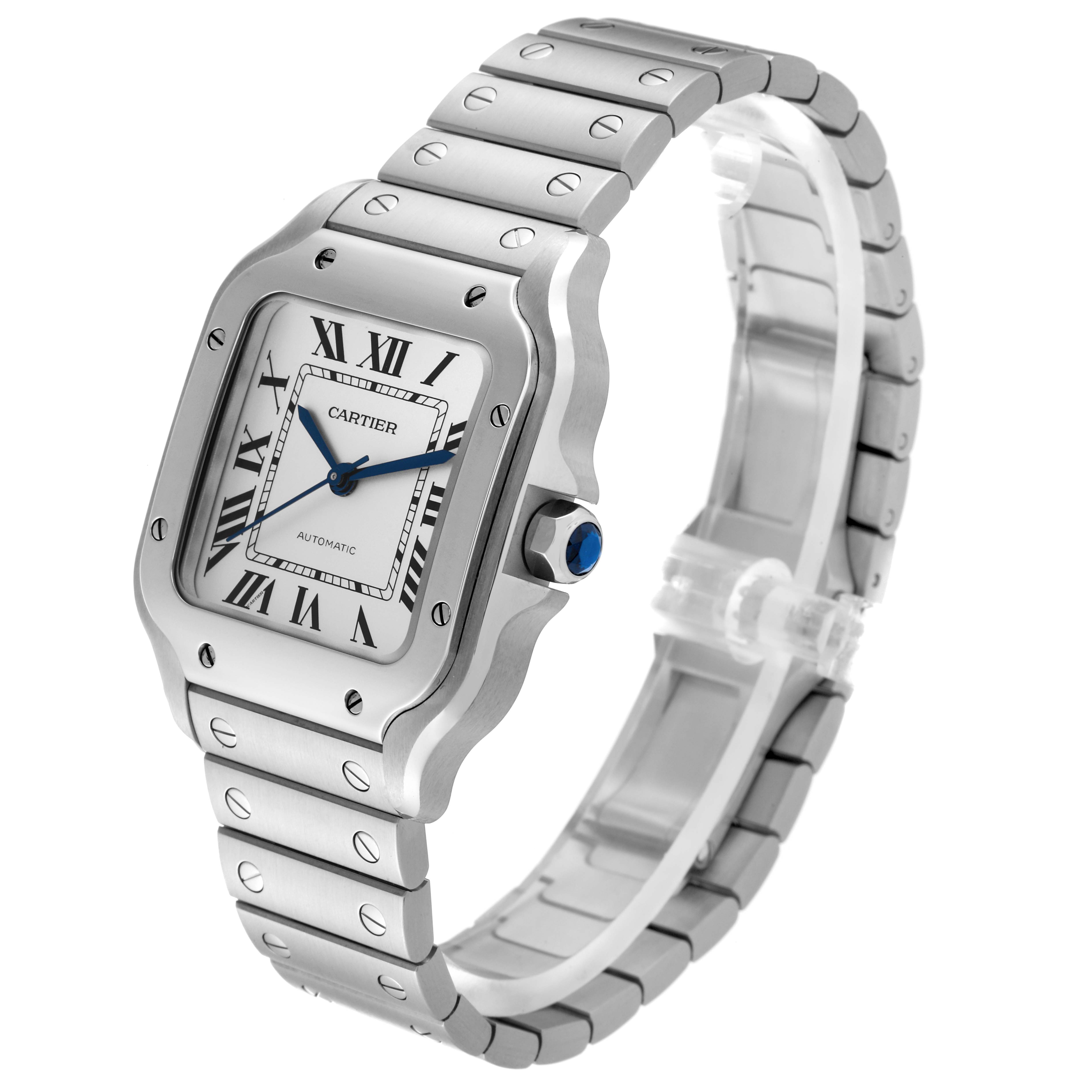 The image shows a side-angle view of the Cartier Santos WSSA0029 Men
s Stainless Steel Silver Dial WSSA0029 Men
s Stainless Steel Silver Dial watch, highlighting its dial, bezel, and bracelet.