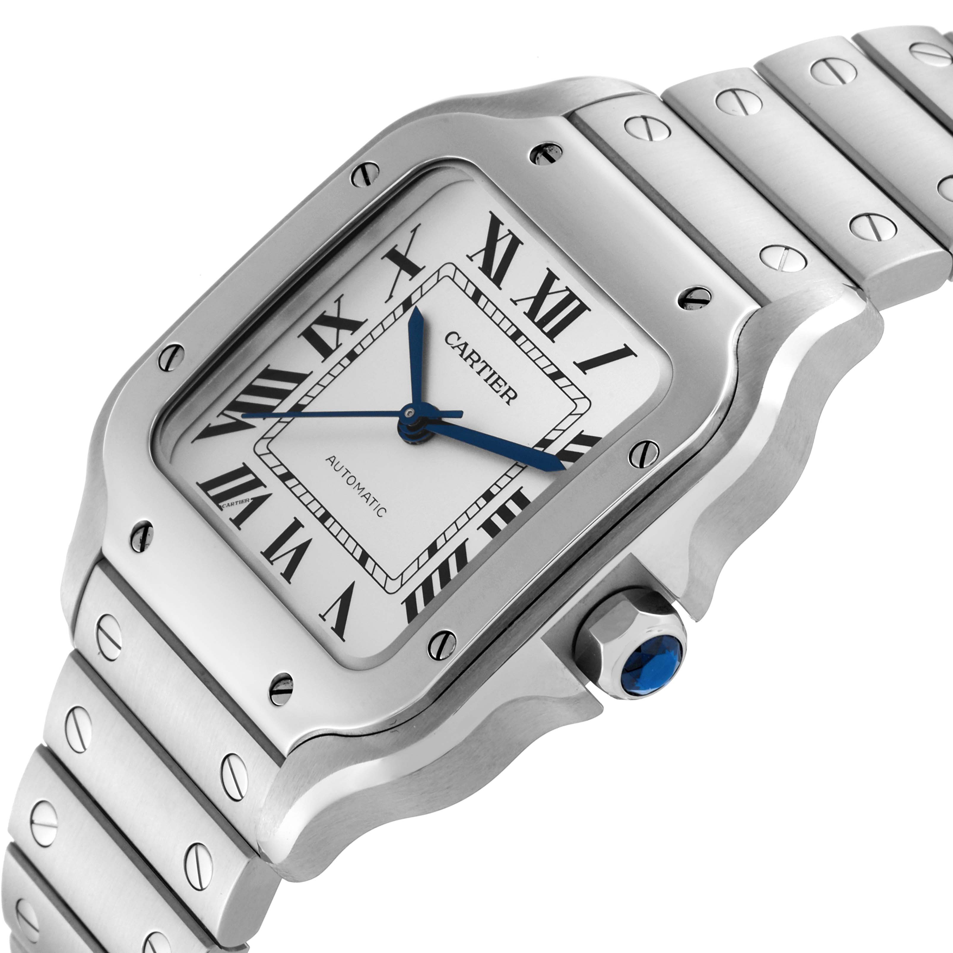 The image shows a close-up angle of the Cartier Santos WSSA0029 Men
s Stainless Steel Silver Dial WSSA0029 Men
s Stainless Steel Silver Dial watch, highlighting the face, bezel, and a segment of the bracelet.