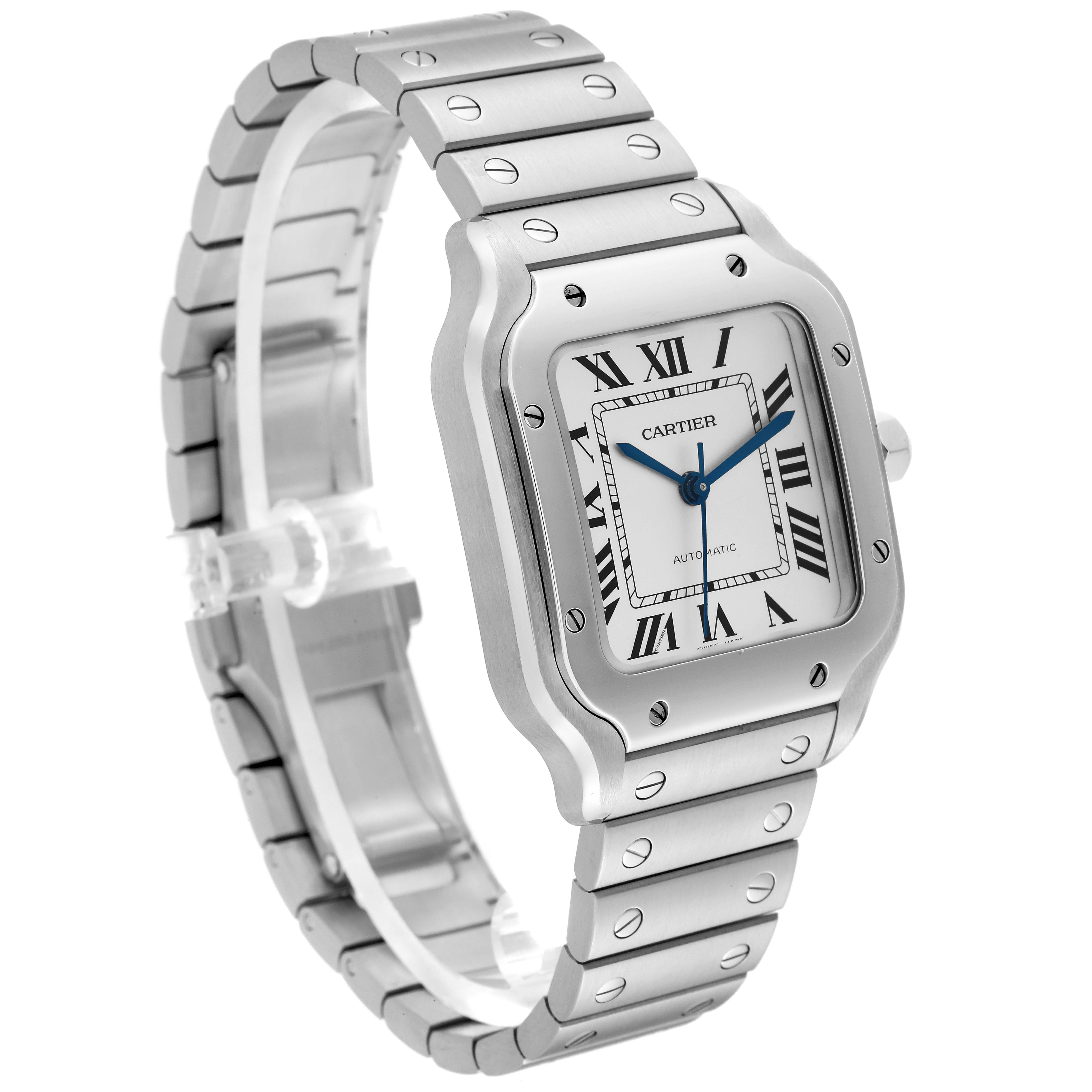 This image shows the Cartier Santos WSSA0029 Men
s Stainless Steel Silver Dial WSSA0029 Men
s Stainless Steel Silver Dial watch at a three-quarter angle, highlighting the bezel, dial, and bracelet.