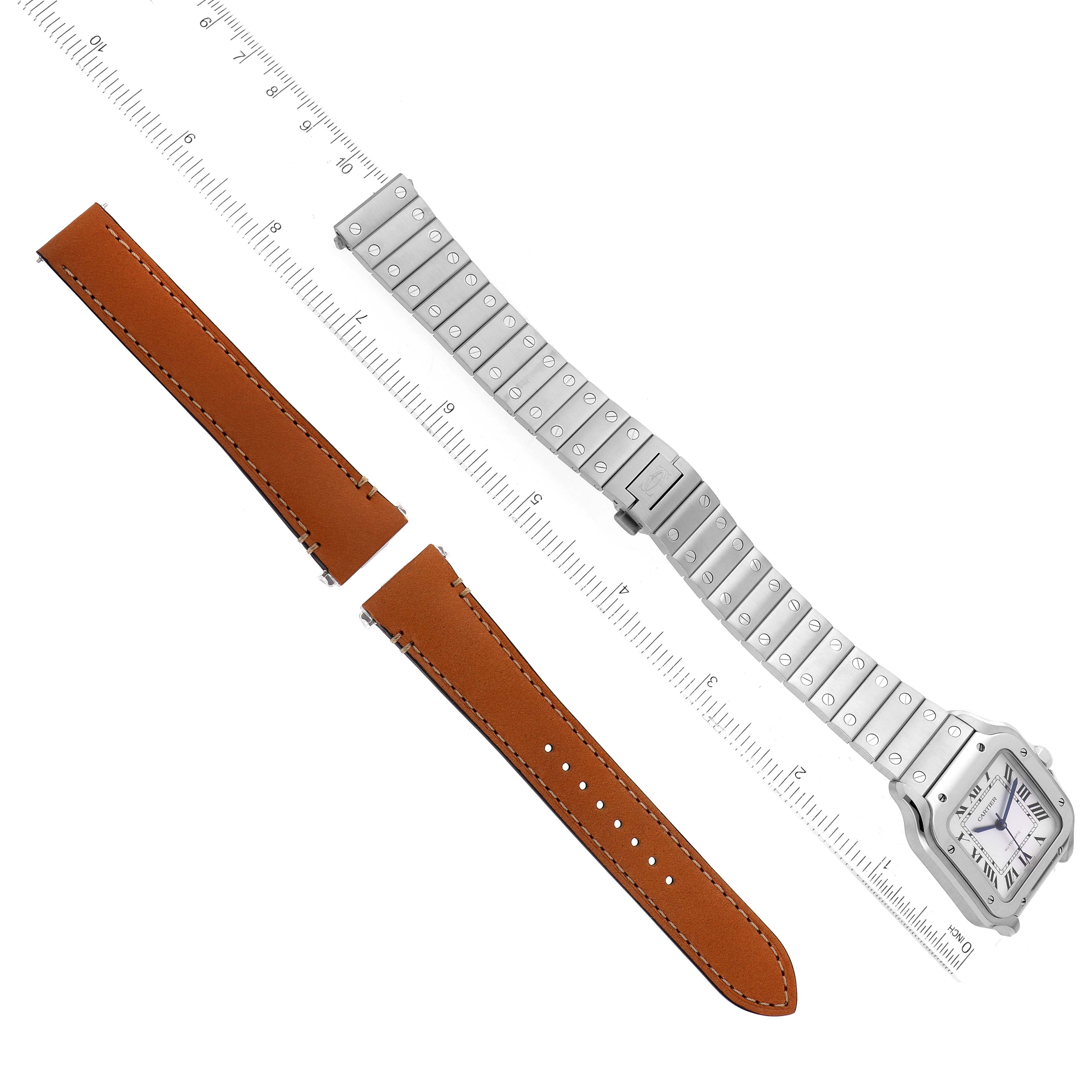 This image shows a front view of a Santos model by Cartier with a metal bracelet and two brown leather strap pieces.