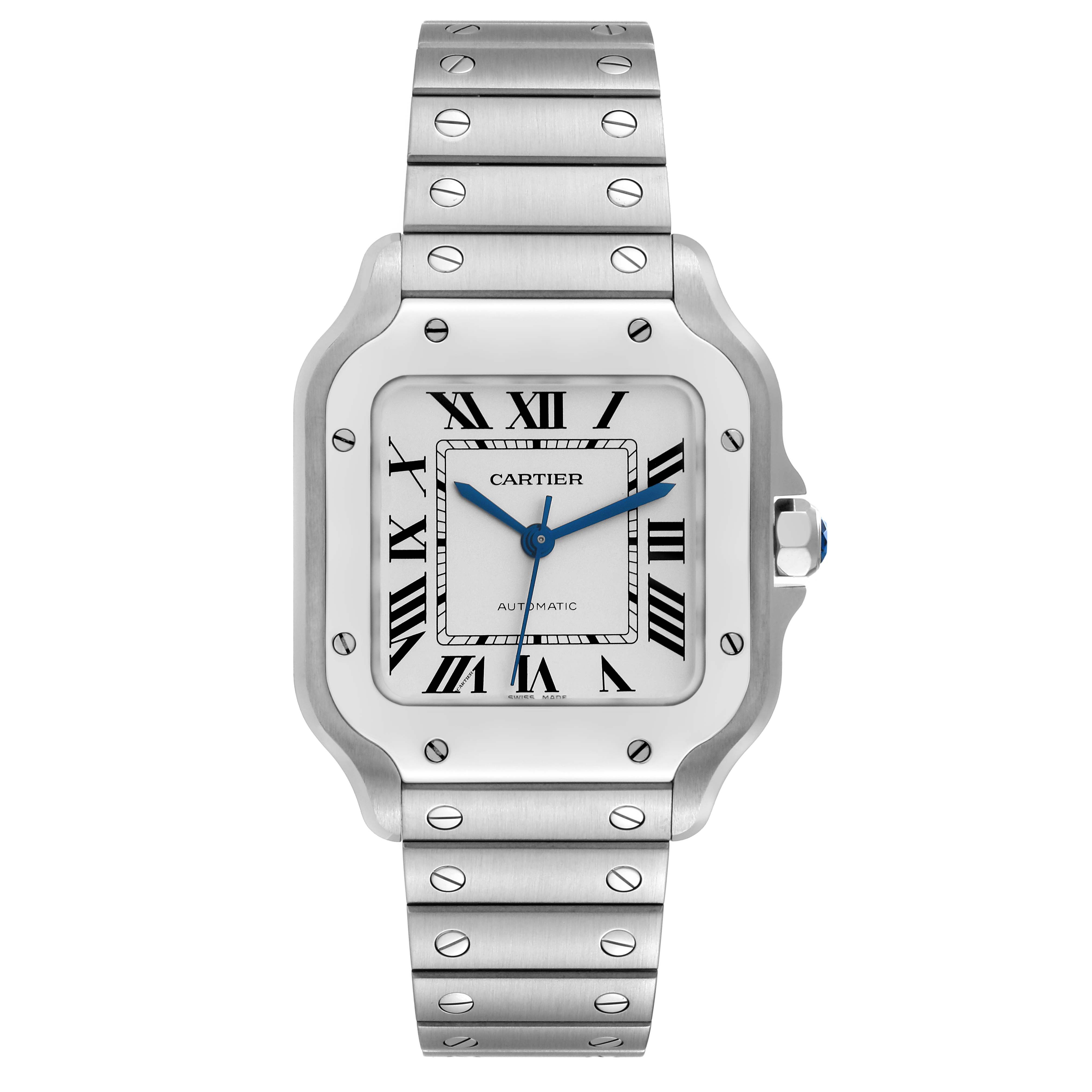 The Cartier Santos WSSA0029 Men
s Stainless Steel Silver Dial WSSA0029 Men
s Stainless Steel Silver Dial watch is shown from a front angle, highlighting its square face, Roman numerals, and metal bracelet.