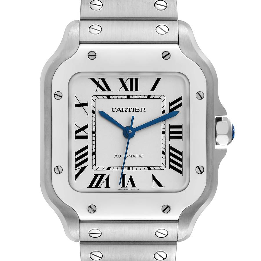 Cartier Santos Silver Dial Medium Steel Mens Watch WSSA0029 Box Card SwissWatchExpo