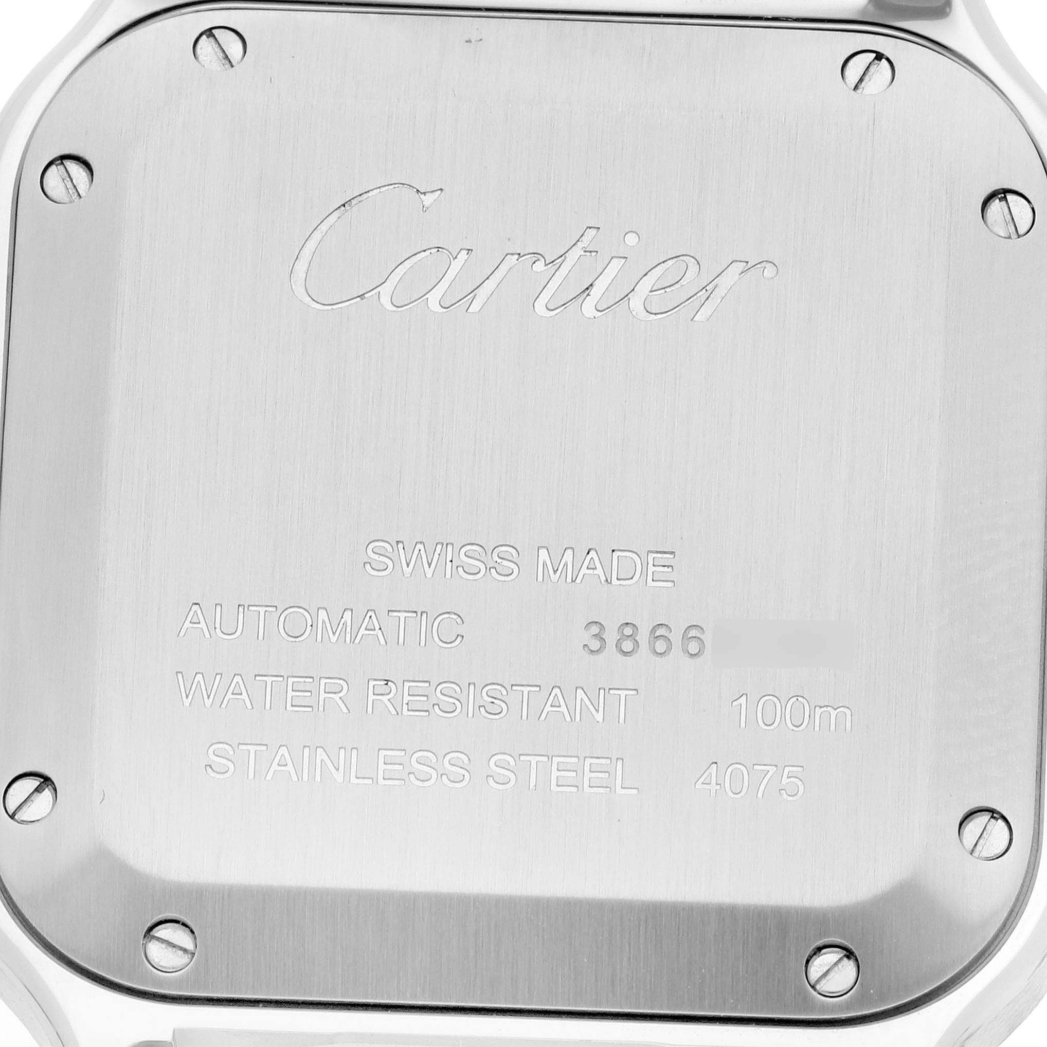 The image shows the back case of a Cartier Santos WSSA0029 Men
s Stainless Steel Silver Dial WSSA0029 Men
s Stainless Steel Silver Dial watch highlighting its specifications.