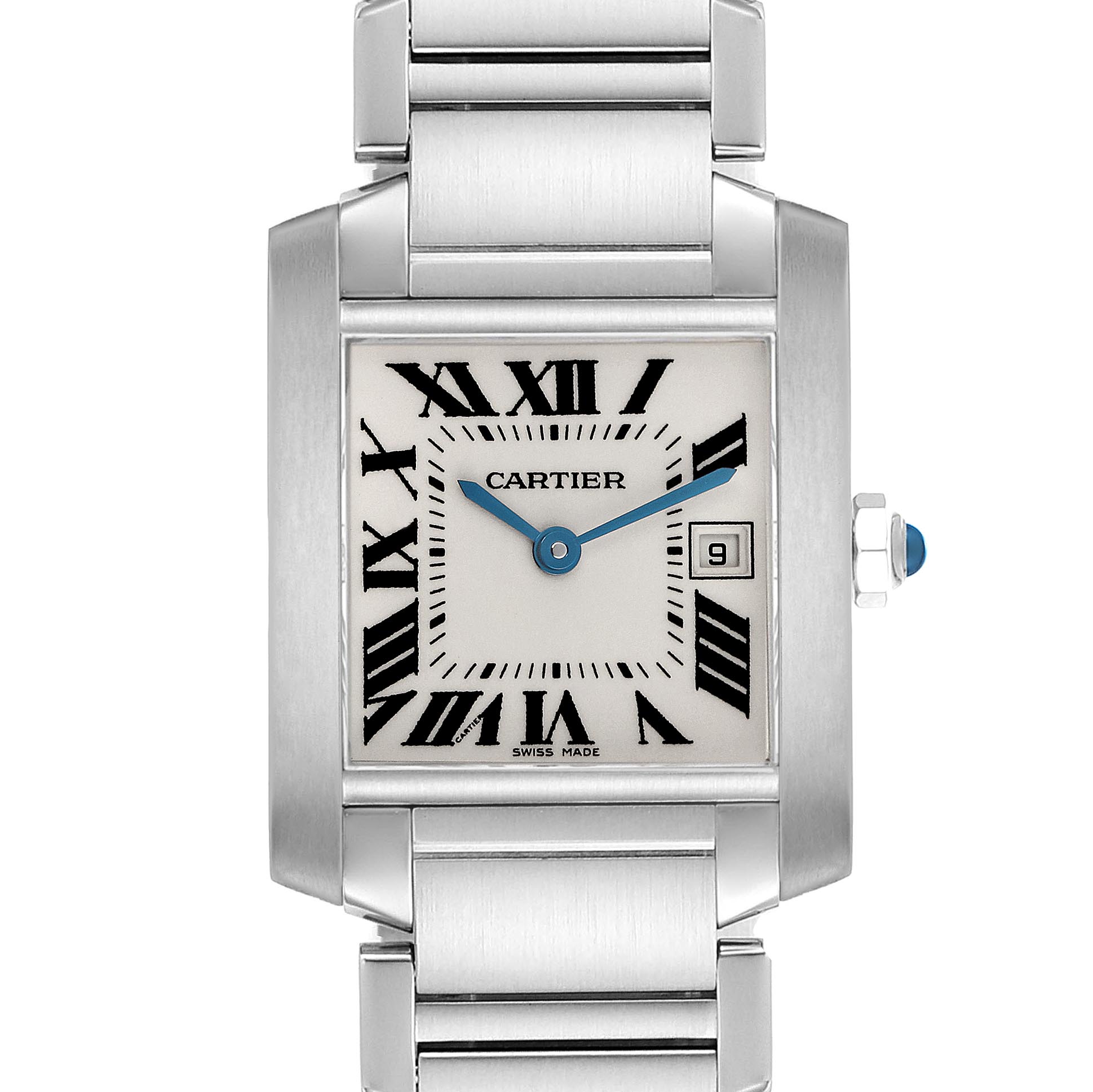 The Cartier Tank Française watch is shown from a top-down angle, displaying the dial, case, bracelet, and crown.