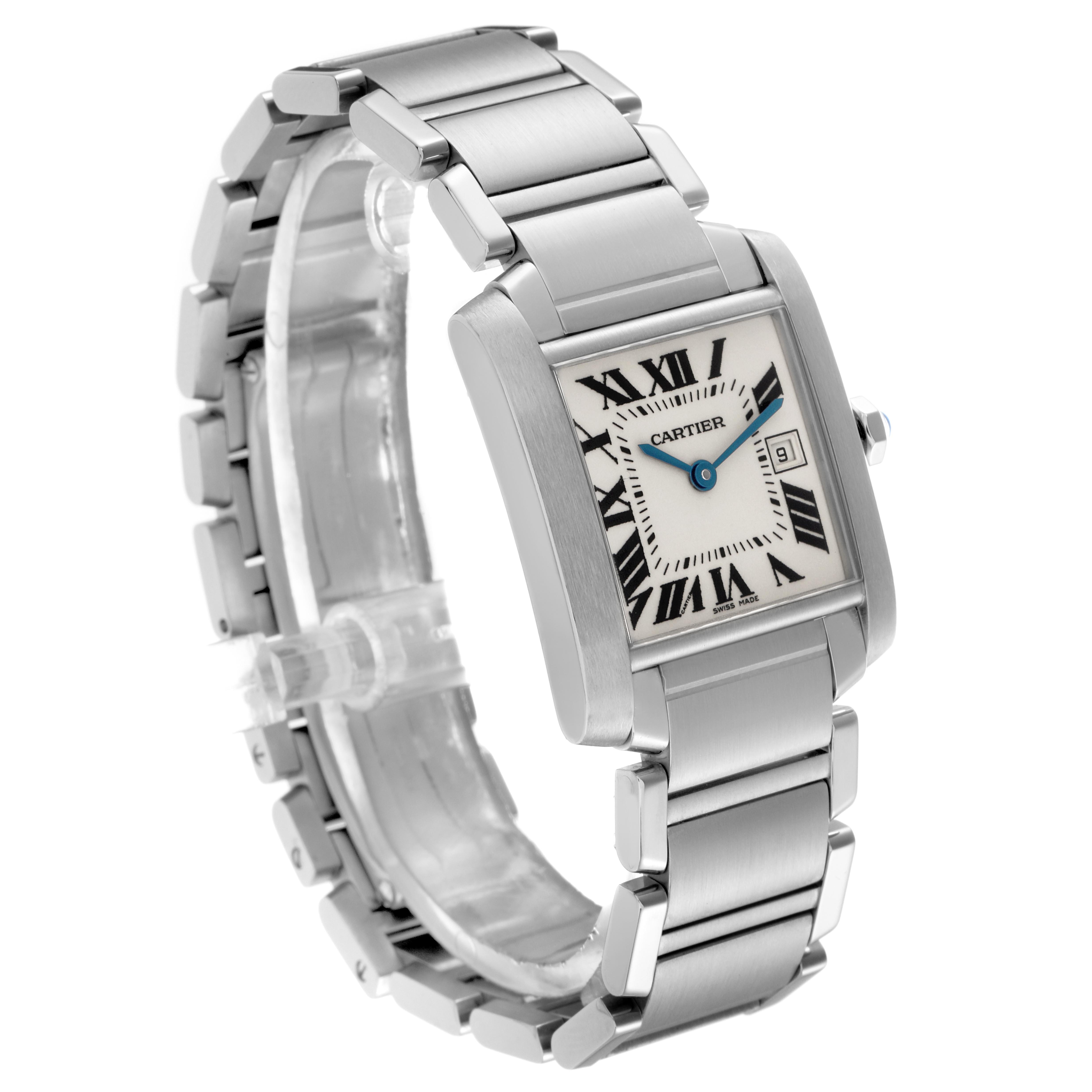 The Cartier Tank Francaise W51011Q3 Women
s Stainless Steel Silver Dial W51011Q3 Women
s Stainless Steel Silver Dial watch is shown at a three-quarter angle, displaying its face, bracelet, and side profile.