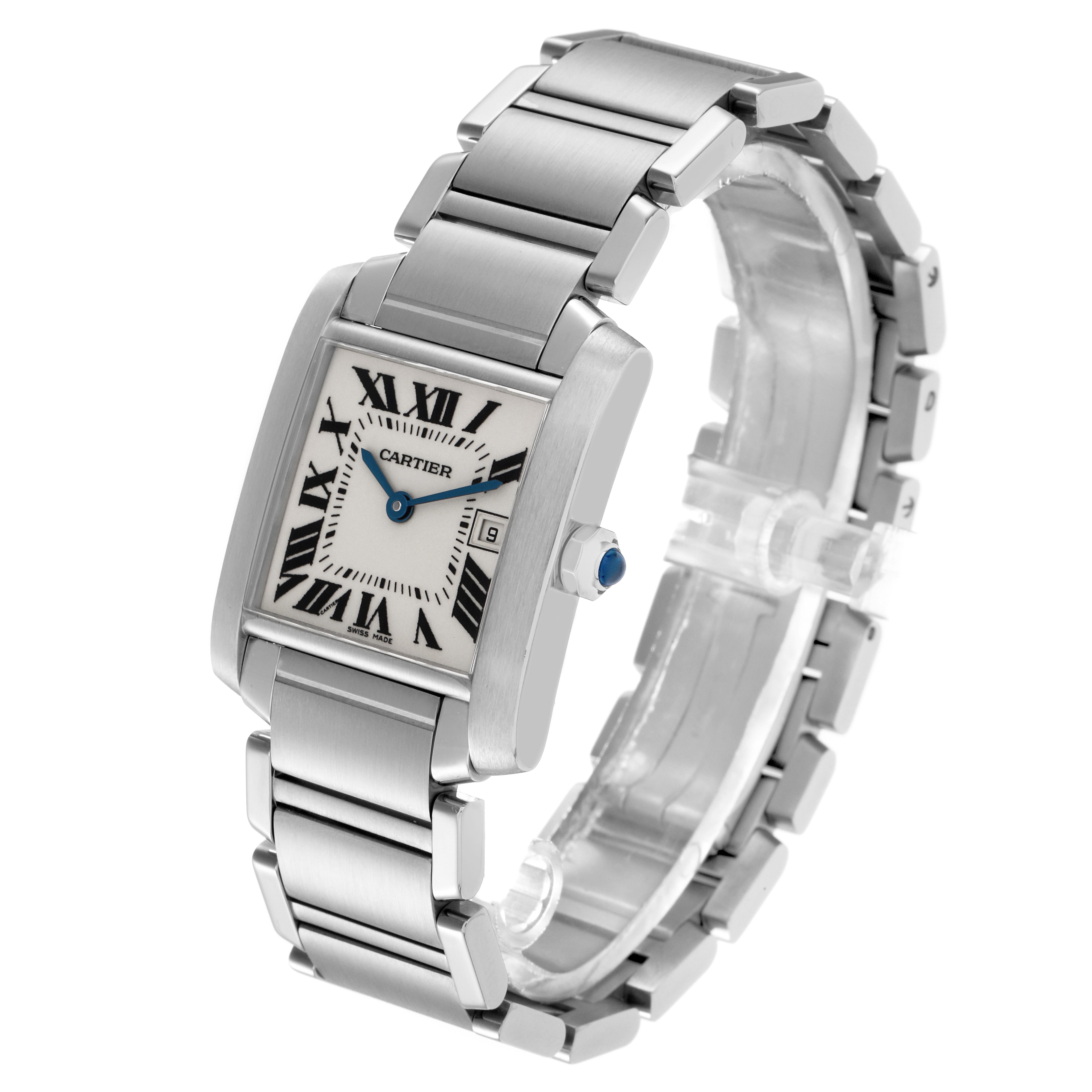 The Cartier Tank Francaise W51011Q3 Women
s Stainless Steel Silver Dial W51011Q3 Women
s Stainless Steel Silver Dial watch is shown at a three-quarter angle, displaying its rectangular face, bracelet, and crown.