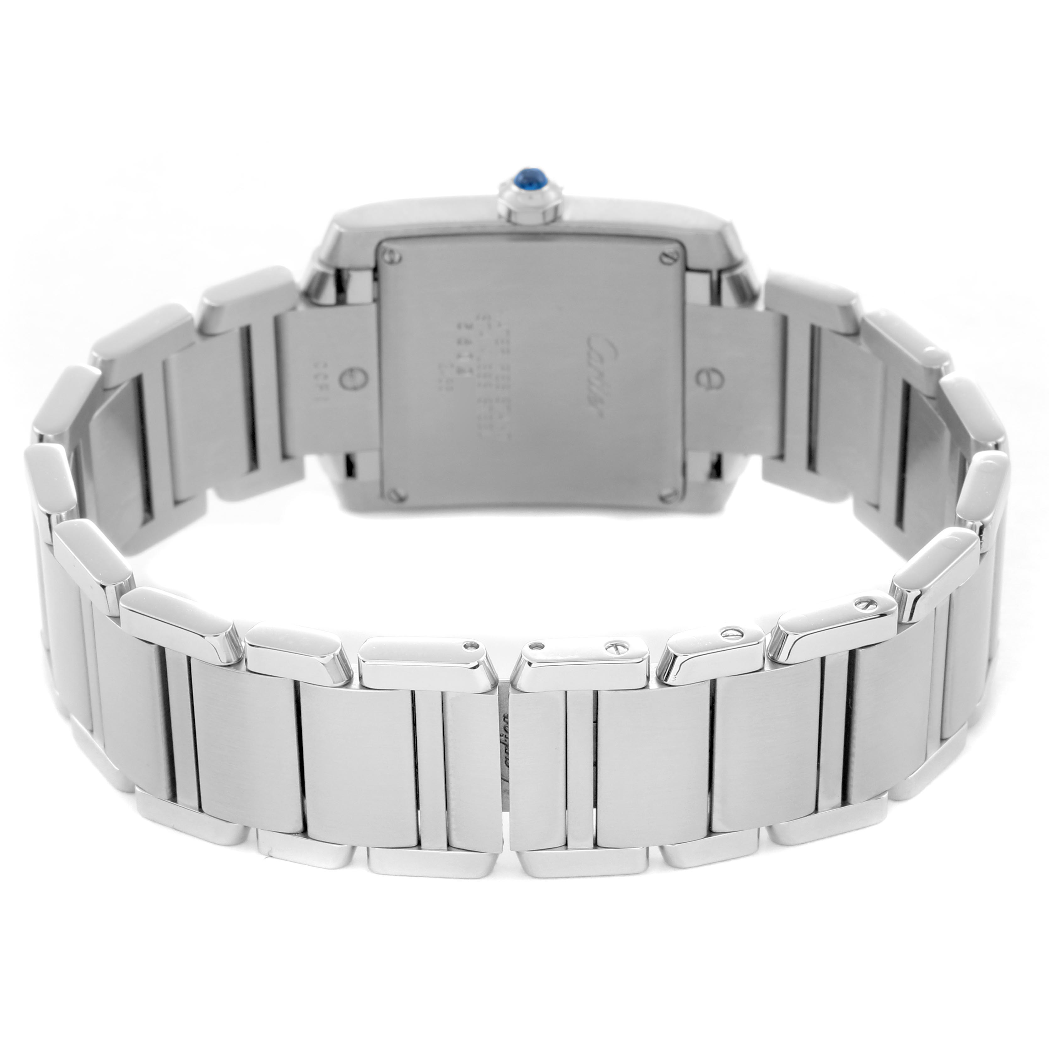 The image shows the back view of a Cartier Tank Francaise W51011Q3 Women
s Stainless Steel Silver Dial W51011Q3 Women
s Stainless Steel Silver Dial watch with its bracelet and clasp visible.