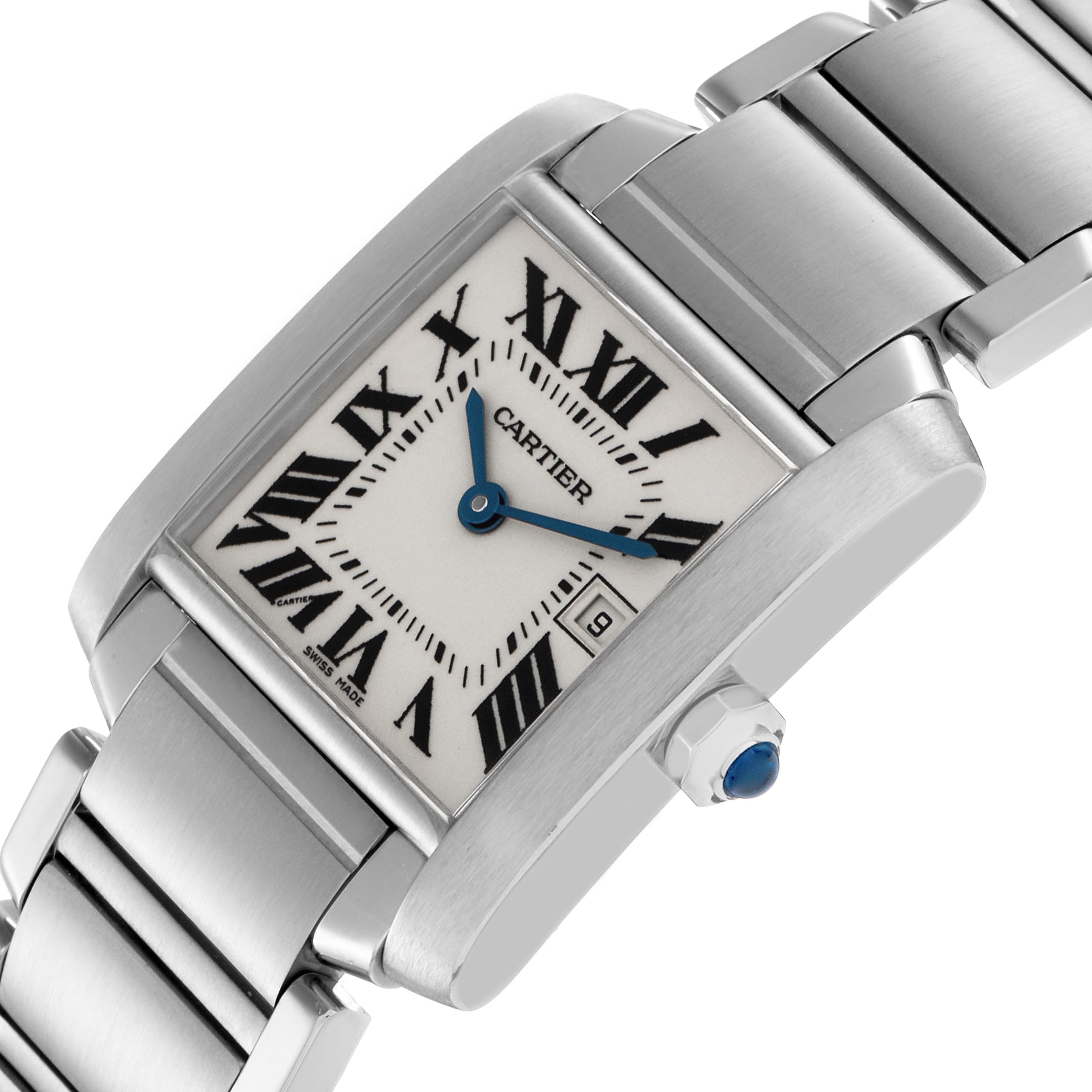 The Cartier Tank Française watch is shown from an angle highlighting its rectangular face, Roman numerals, and metal bracelet.
