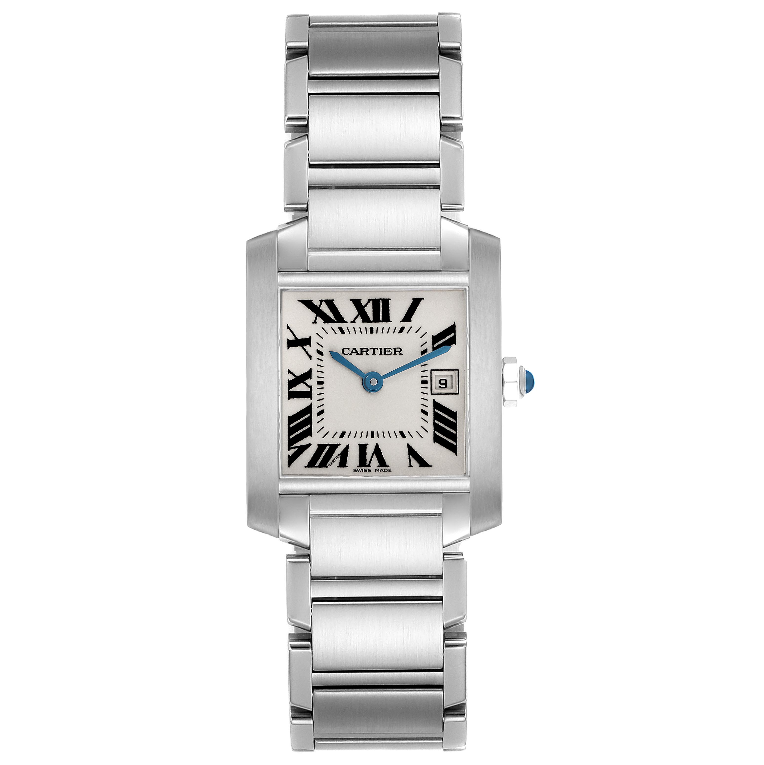 The Cartier Tank Française watch is shown from a top-down angle, displaying its face and metal bracelet.