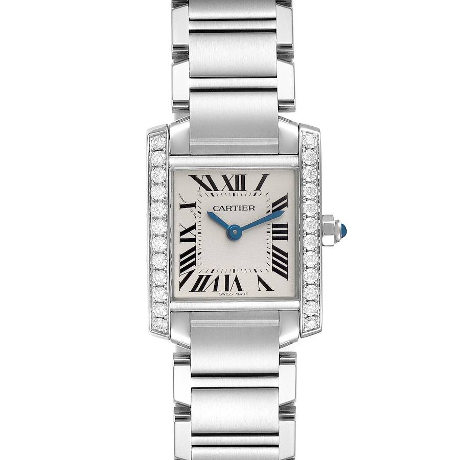 The image shows a Cartier Tank Française watch from a front angle, highlighting the dial, bracelet, and diamond-adorned case.