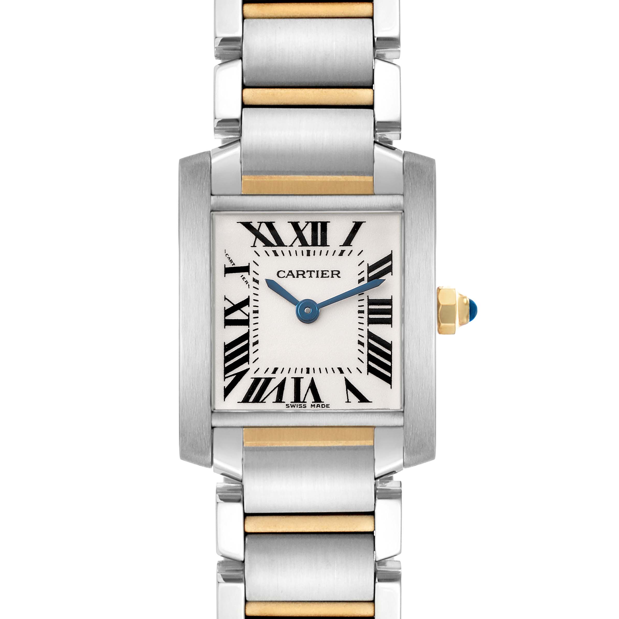 The Cartier Tank Française watch is shown front-facing, highlighting its square face, Roman numerals, and two-tone bracelet.