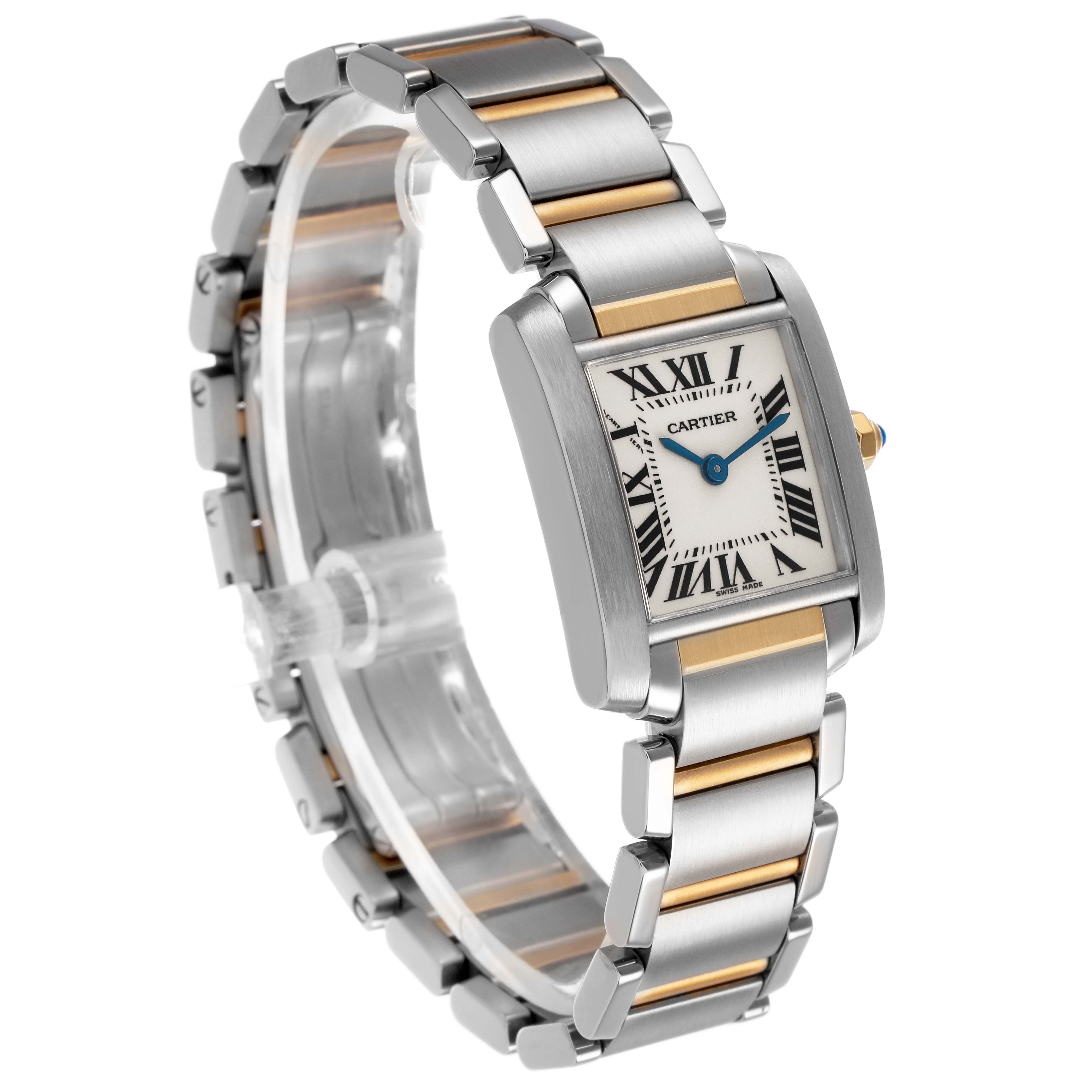 The Cartier Tank Française watch is shown at a slight angle, displaying the face, bezel, and two-tone bracelet.