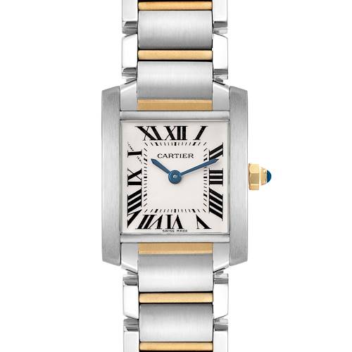 The Cartier Tank Française watch is shown from the front, highlighting its face, bezel, and bracelet.