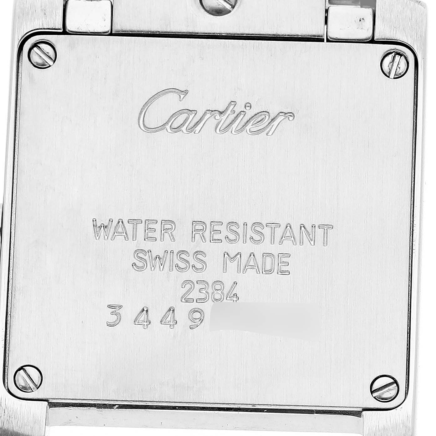 The image shows the back case of a Cartier Tank Française watch, highlighting its branding and water resistance details.