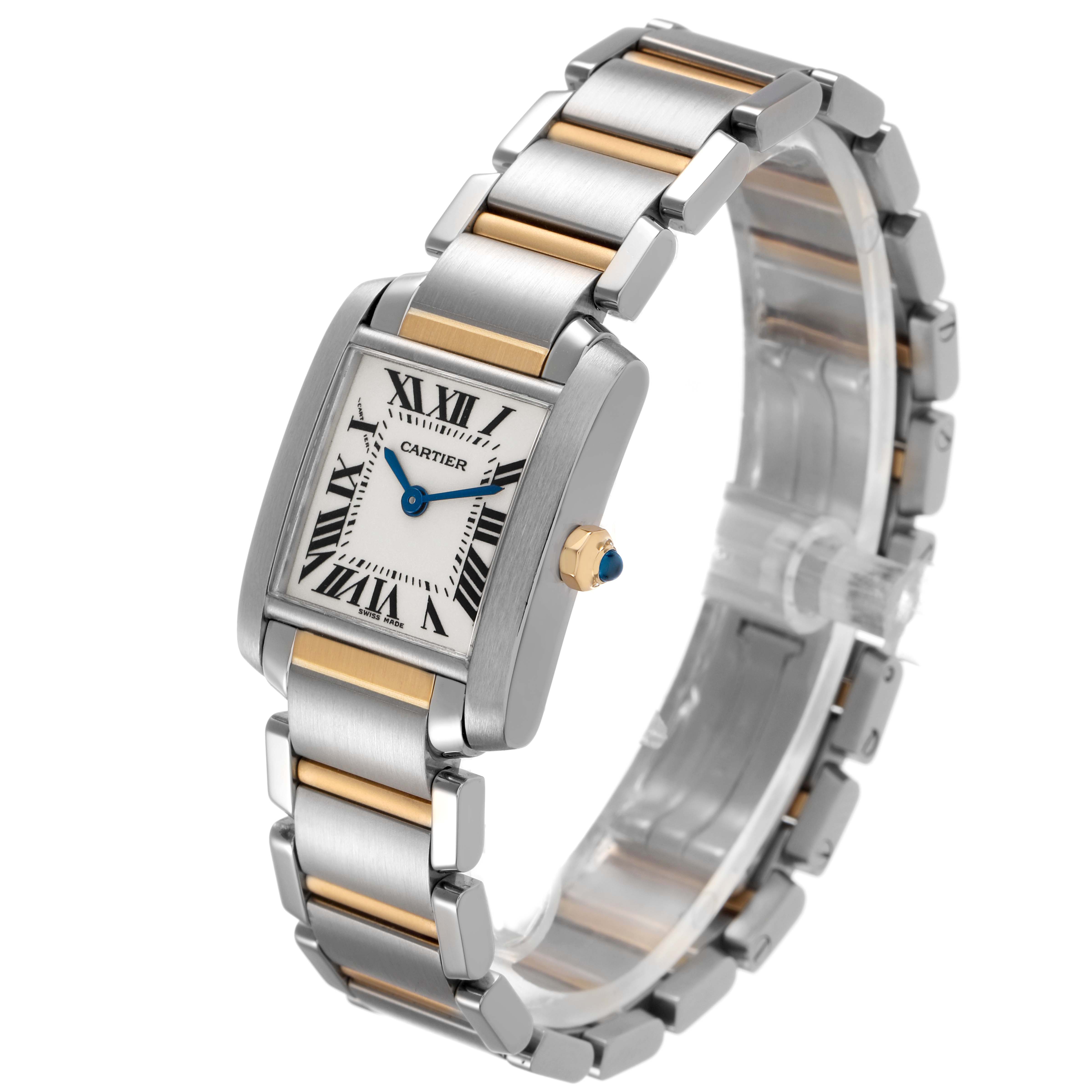 The Cartier Tank Francaise W51007Q4 Women's Steel and Gold (two tone) Silver Dial watch is shown at an angled side view, highlighting its bracelet and rectangular face.