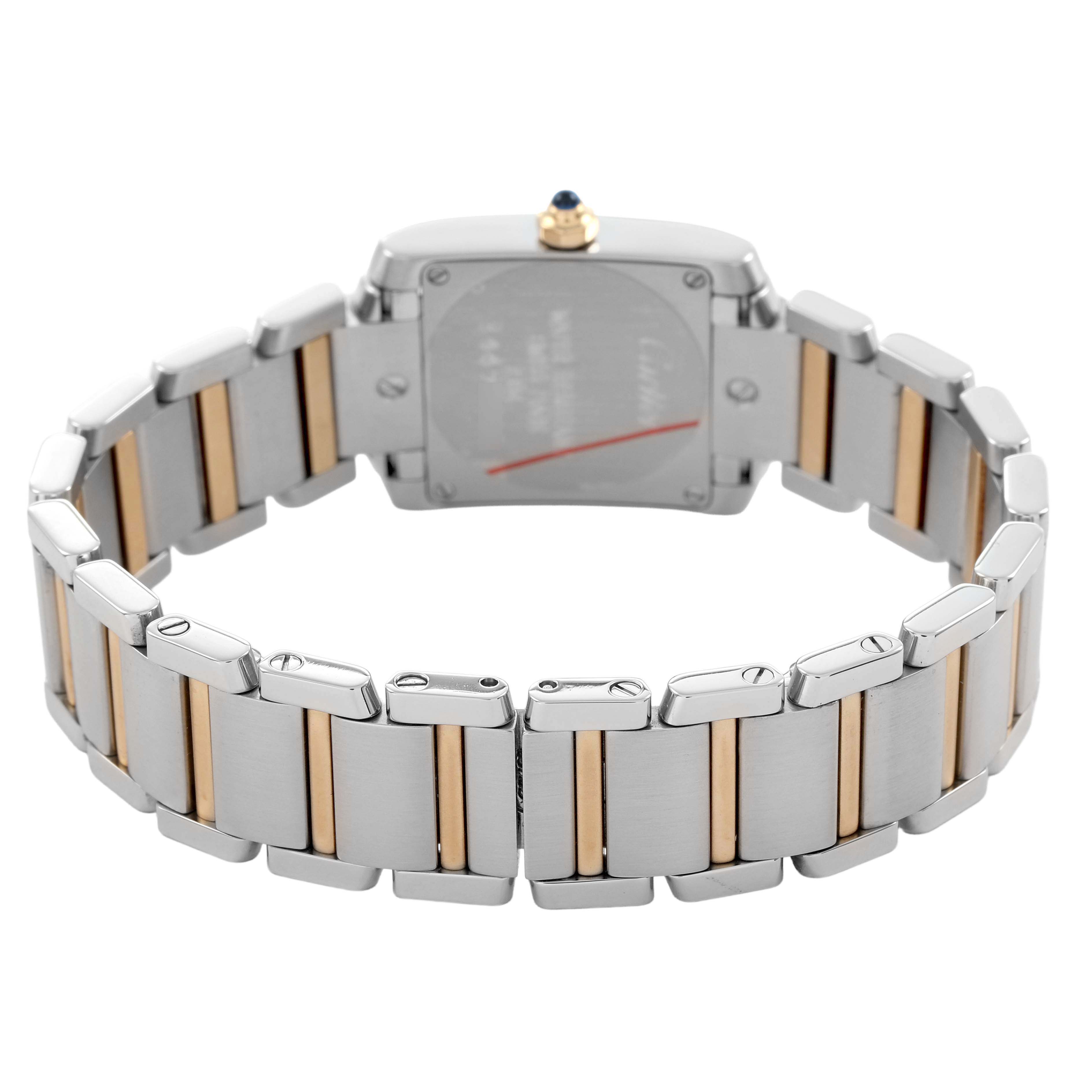 The image shows the back and bracelet of the Cartier Tank Française watch, highlighting its two-tone metal links.