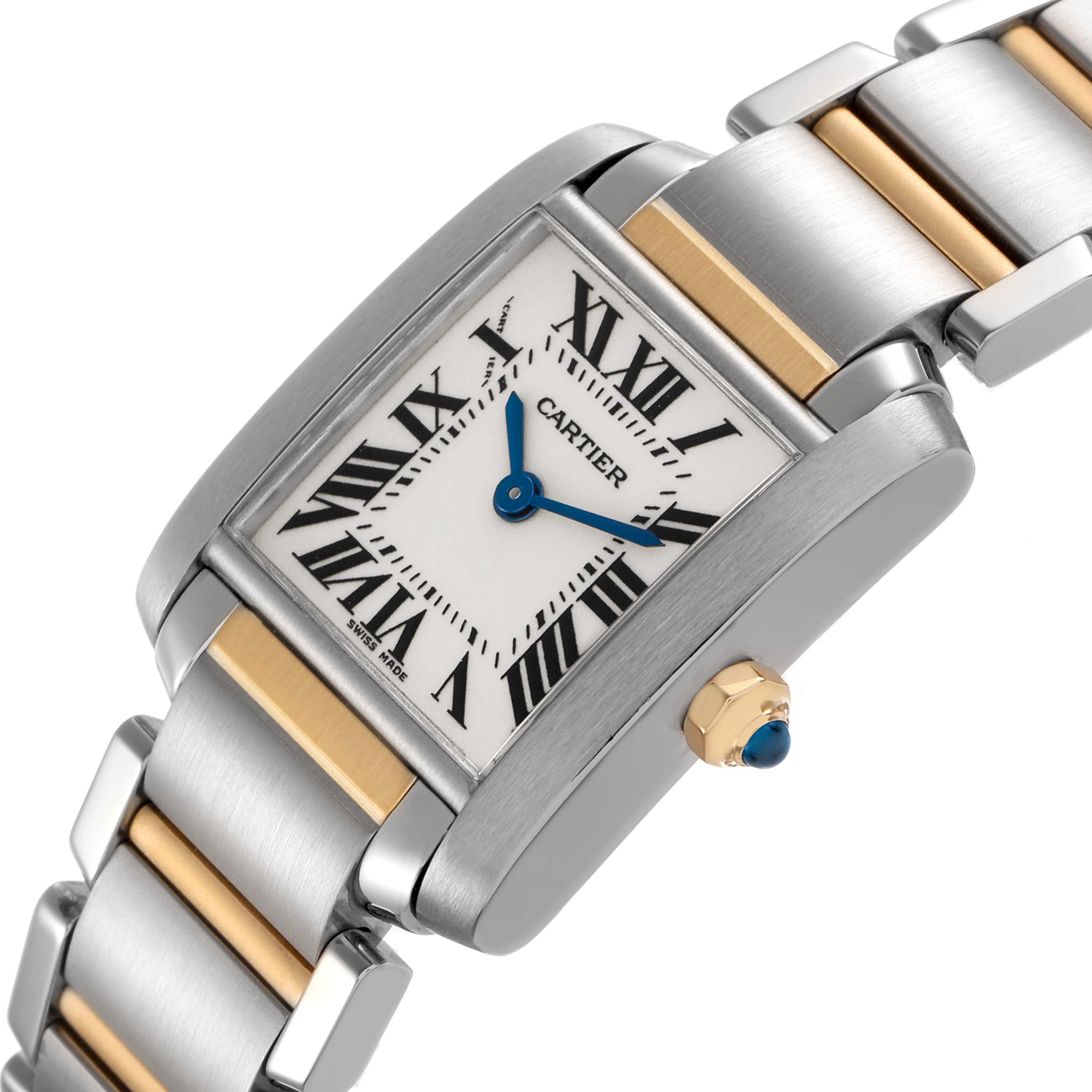 The Cartier Tank Française watch is shown at an angled view, featuring its rectangular dial, Roman numerals, blued steel hands, and a two-tone metal bracelet.