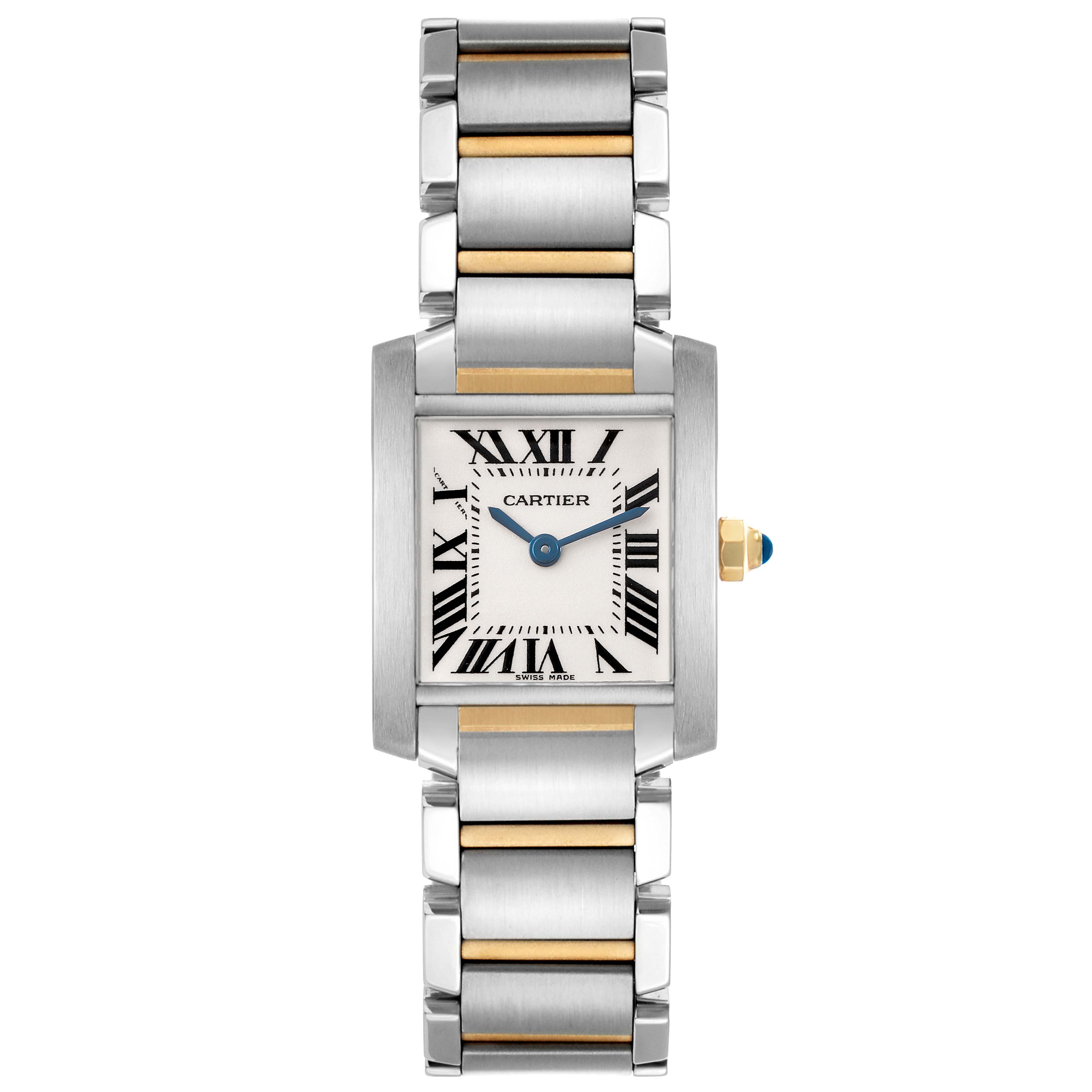 The Cartier Tank Francaise W51007Q4 Women's Steel and Gold (two tone) Silver Dial watch is shown from a top view, displaying the face, bracelet, and crown.