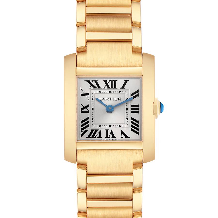 The image shows a frontal view of the Cartier Tank Française watch, highlighting its gold bracelet and rectangular face with Roman numerals.
