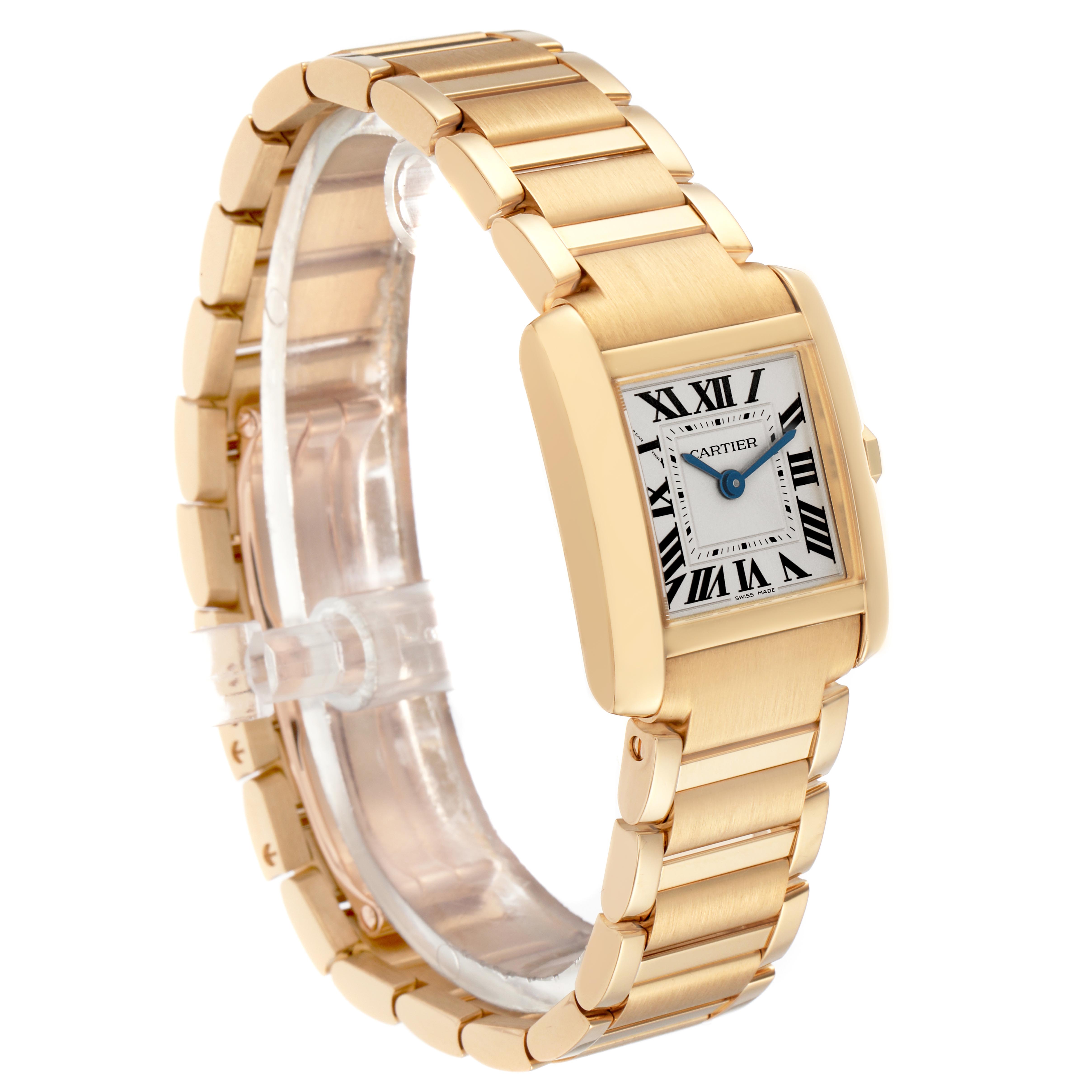 The Cartier Tank Francaise WGTA0344 Women's Yellow Gold Silver Dial WGTA0344 Women's Yellow Gold Silver Dial watch is shown from a three-quarter angle, highlighting its gold bracelet and rectangular face.