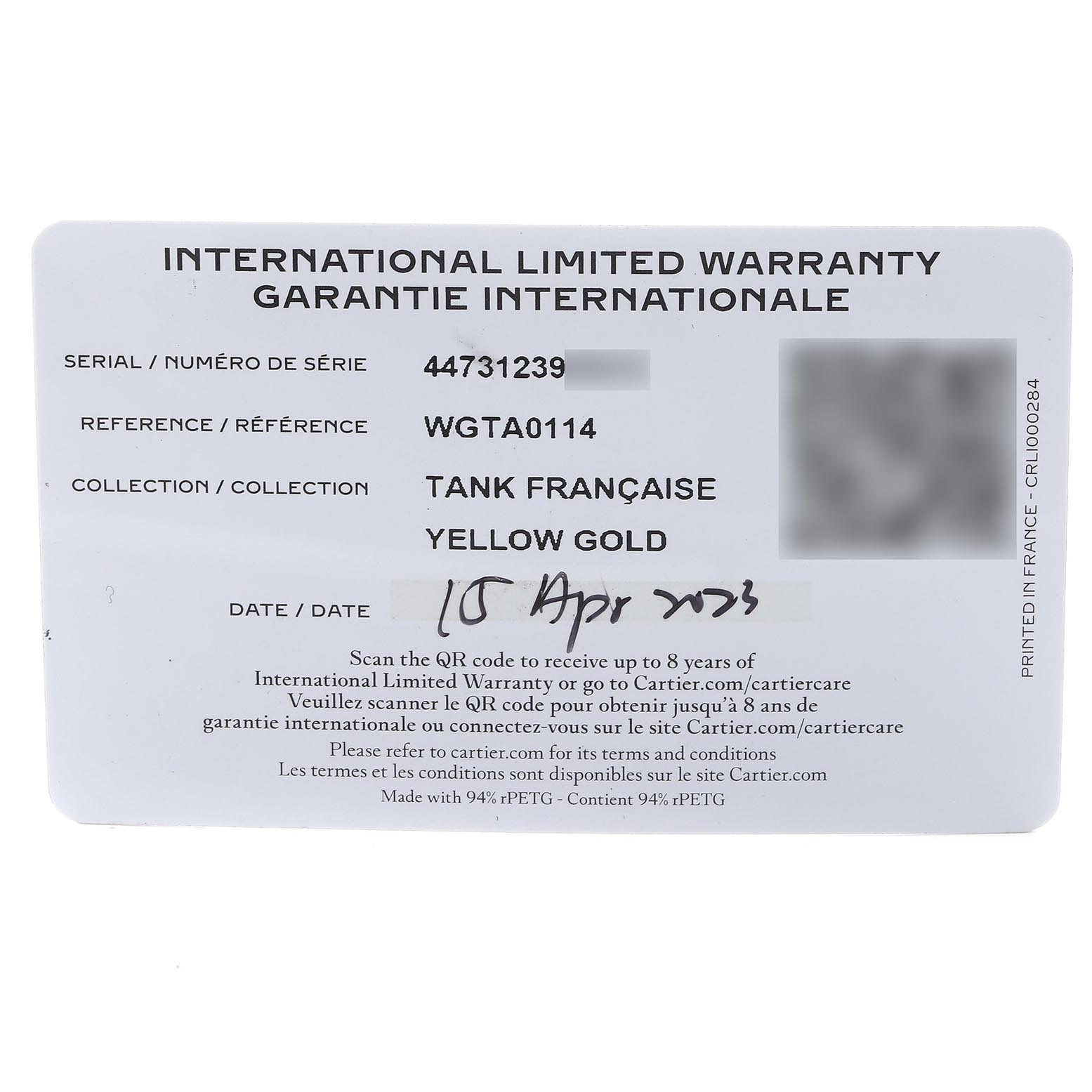 The image is of an International Limited Warranty card for the Cartier Tank Française, showing serial and reference numbers.