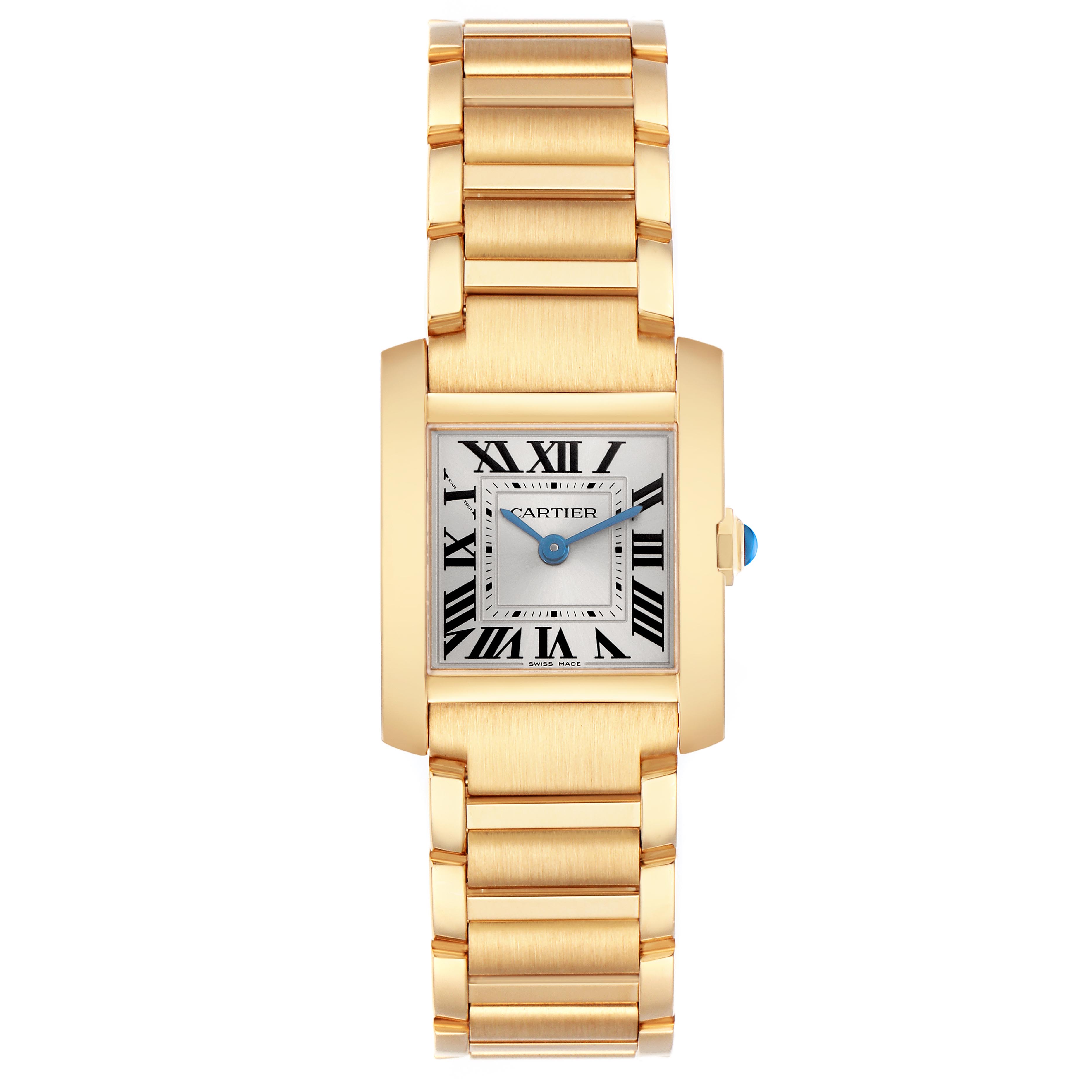 The Cartier Tank Française watch is shown from a front angle, highlighting its gold case, bracelet, and Roman numeral dial.