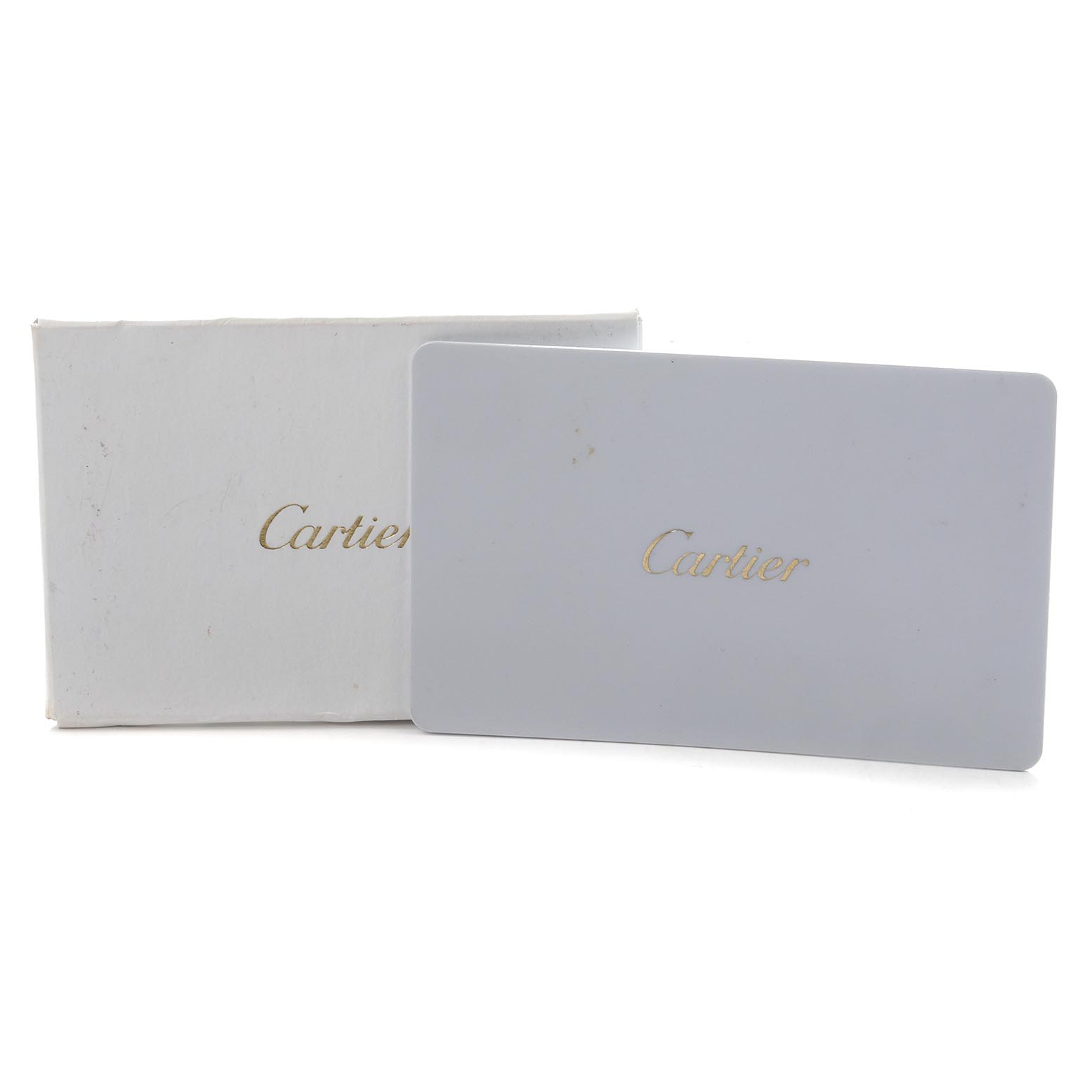This image shows a Cartier box and card for the Tank Française model, viewed from the front.