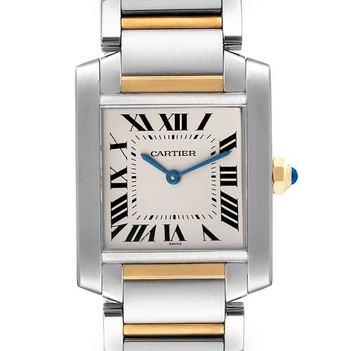 This image shows a front view of the face and bracelet of a Cartier Tank Française watch.