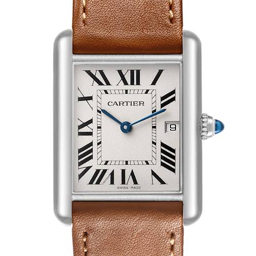 The Cartier Tank Louis W1540956 Men's White Gold Silver Dial watch is shown from a front angle, highlighting the dial, Roman numerals, and leather strap.