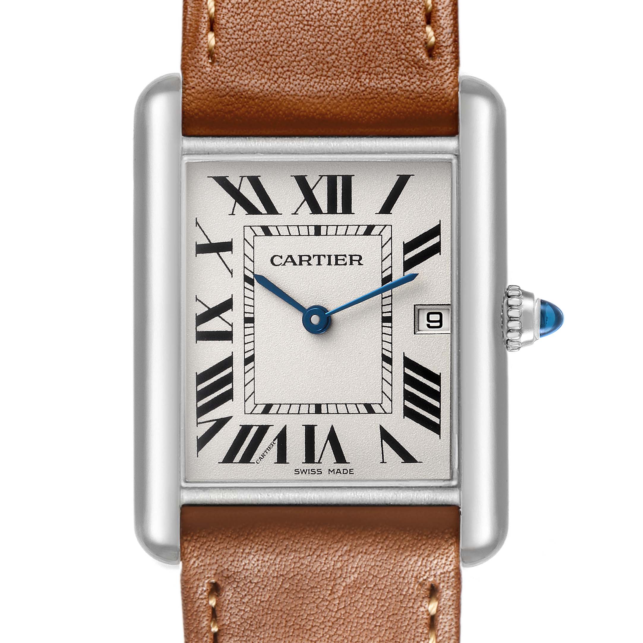 The Cartier Tank Louis W1540956 Men's White Gold Silver Dial watch is shown from the front, highlighting the rectangular face, Roman numerals, and brown leather strap.