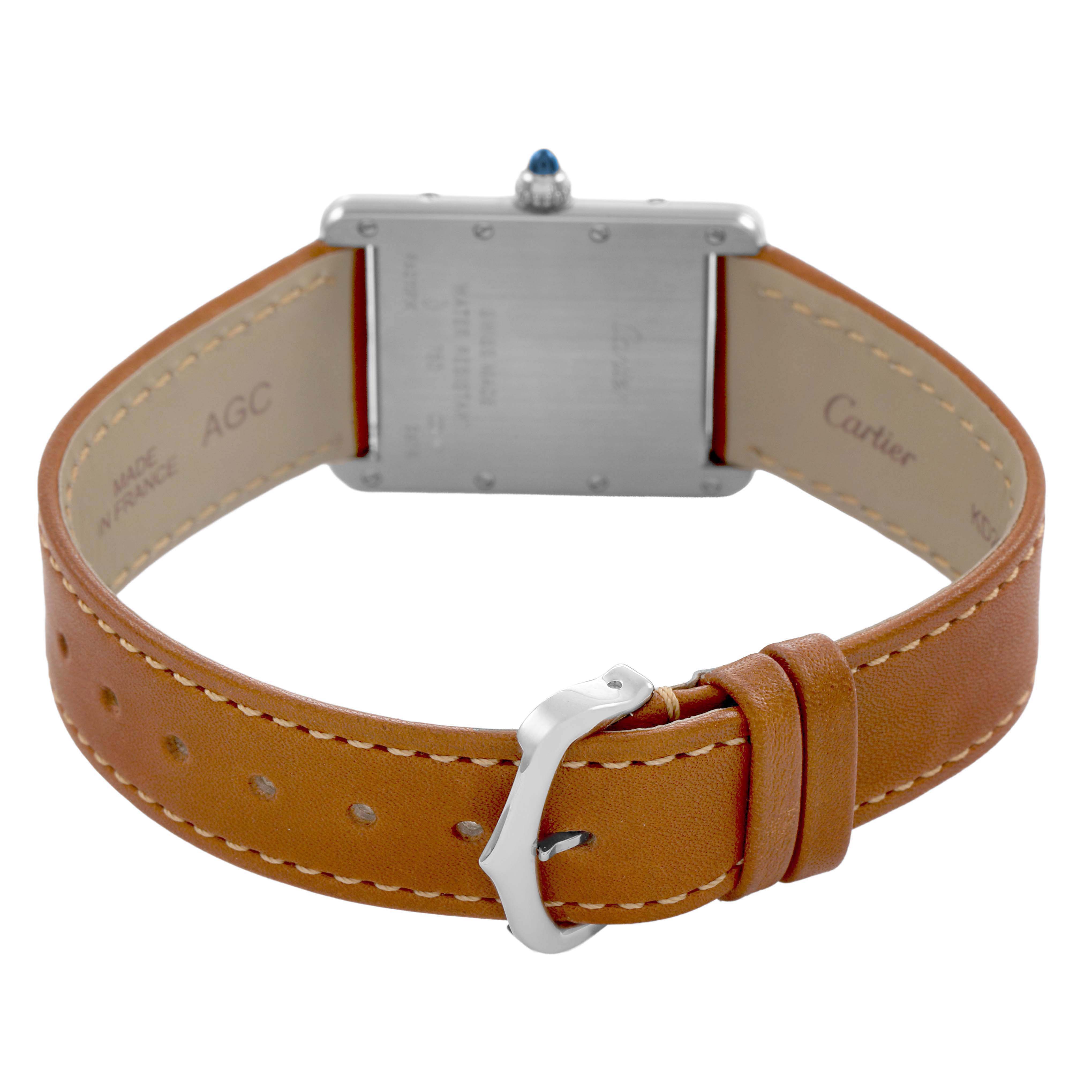 The Cartier Tank Louis W1540956 Men's White Gold Silver Dial watch is shown from the back, featuring the case back and brown leather strap with buckle.