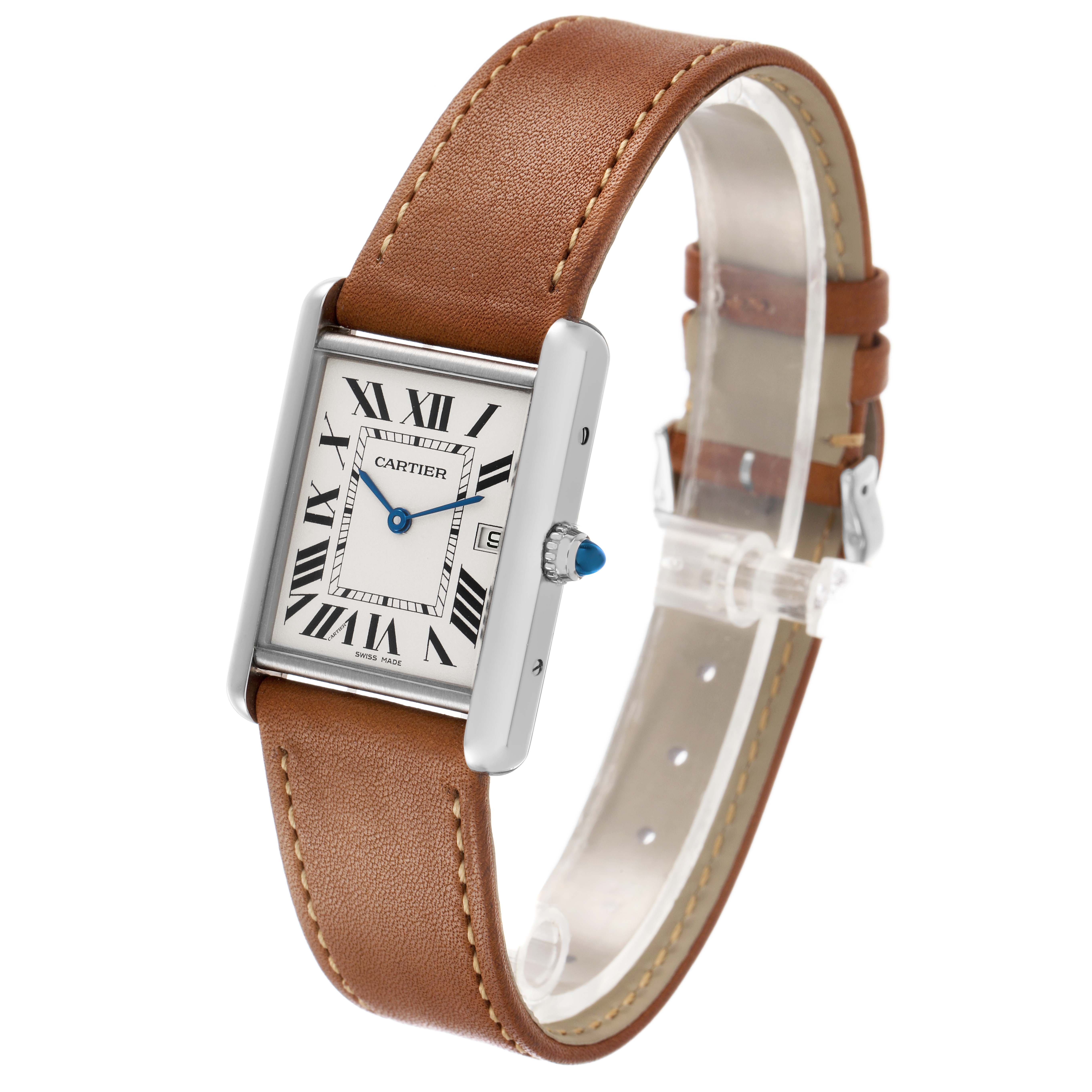 The Cartier Tank Louis W1540956 Men's White Gold Silver Dial watch is shown at an angled side view, displaying the face, crown, and a brown leather strap.
