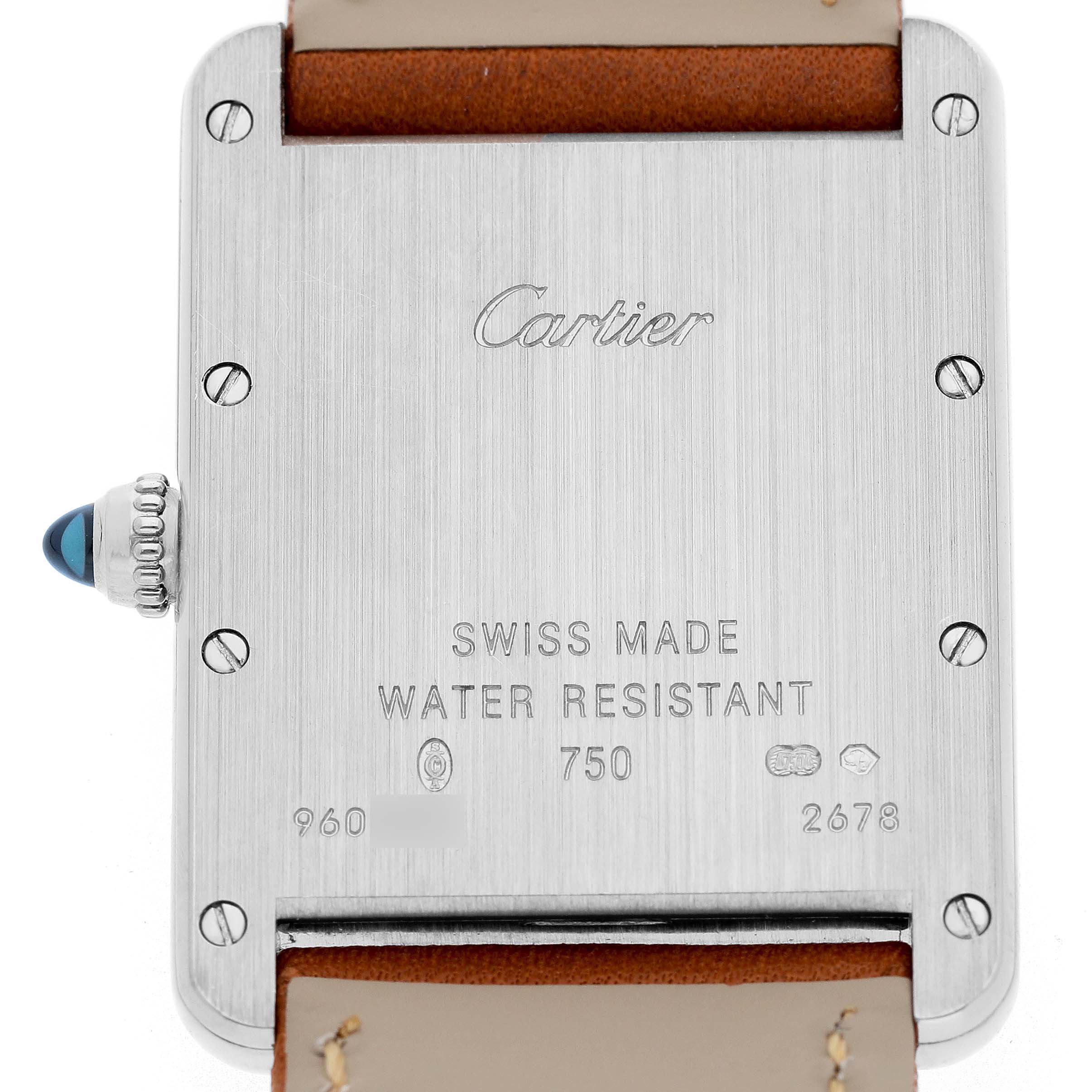 The image shows the back case of the Cartier Tank Louis W1540956 Men's White Gold Silver Dial watch, highlighting the branding and water resistance details.
