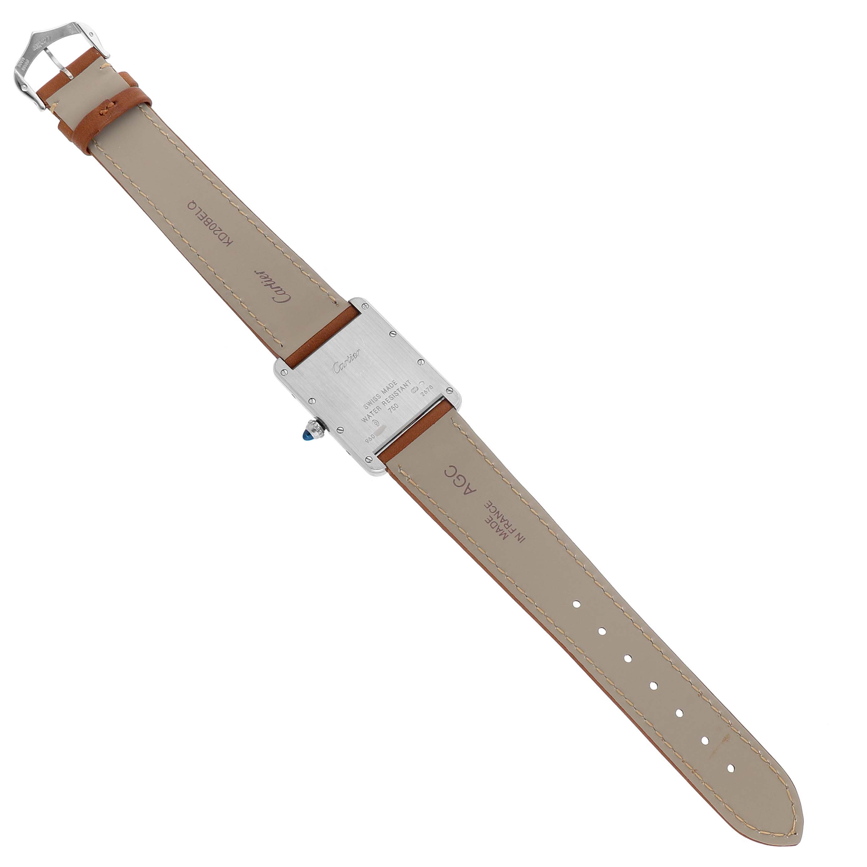 The image shows the back of the Cartier Tank Louis W1540956 Men's White Gold Silver Dial watch, highlighting the case back and leather strap.