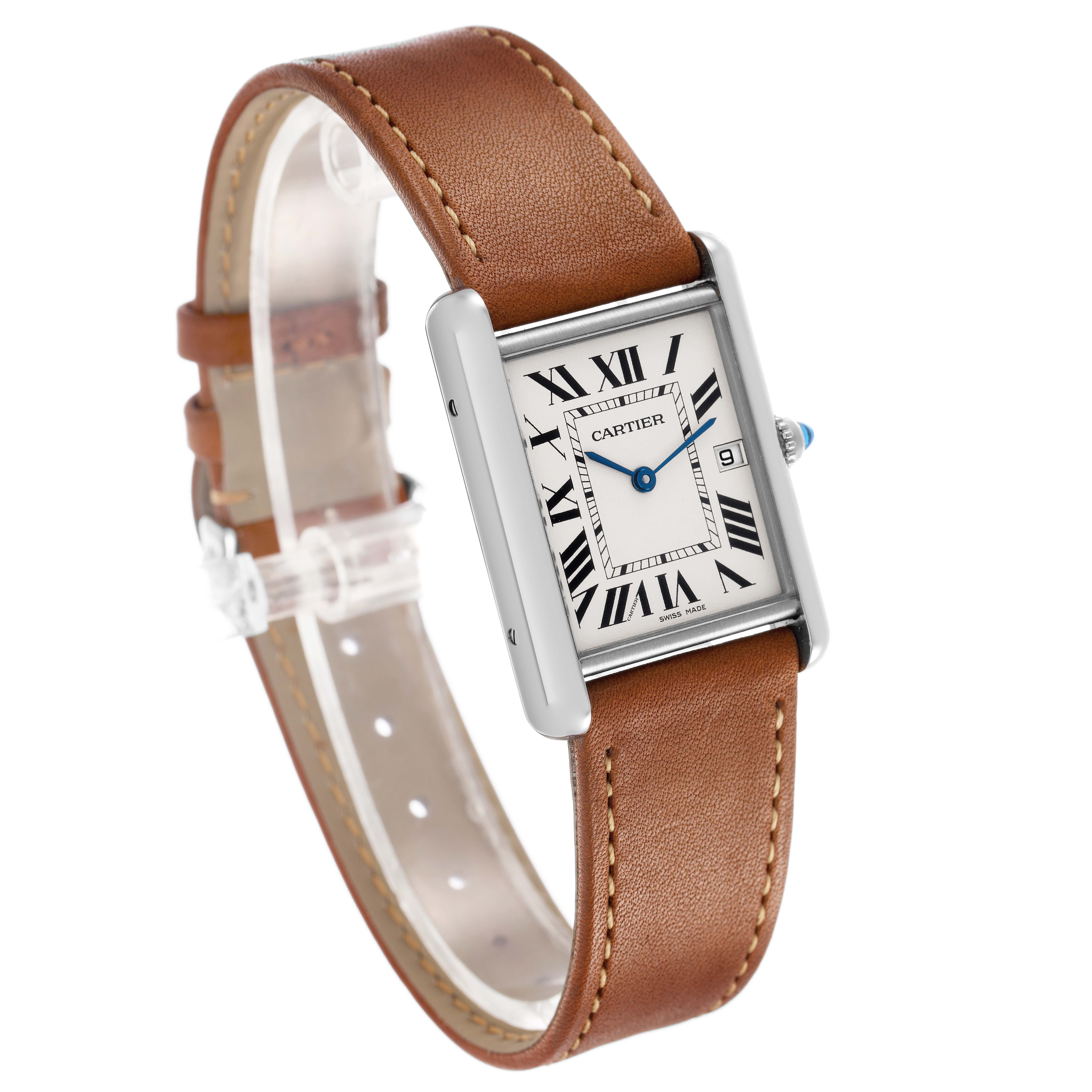 The Cartier Tank Louis W1540956 Men's White Gold Silver Dial watch is shown in a three-quarter angle, displaying the tan leather strap and rectangular face with Roman numerals.