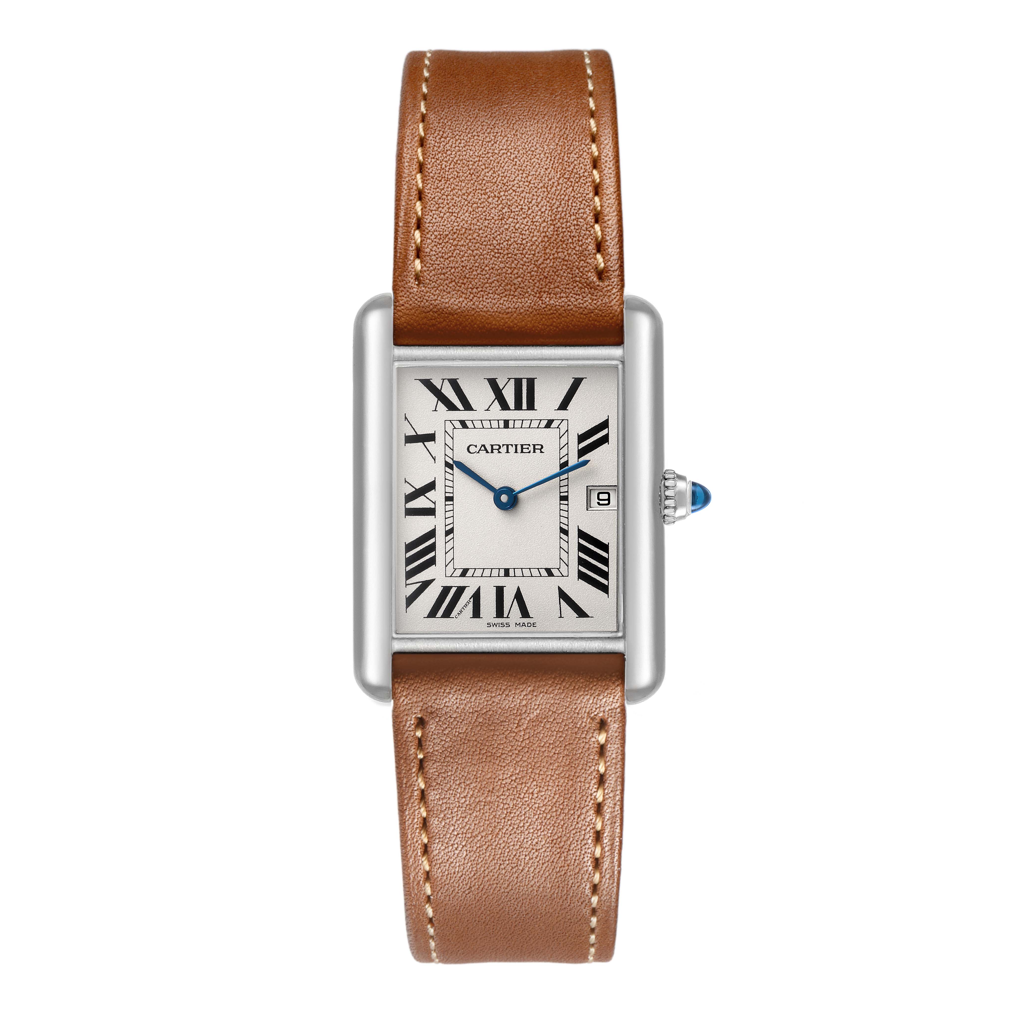 The Cartier Tank Louis W1540956 Men's White Gold Silver Dial watch is shown from a top-down angle featuring the dial, crown, and leather strap.