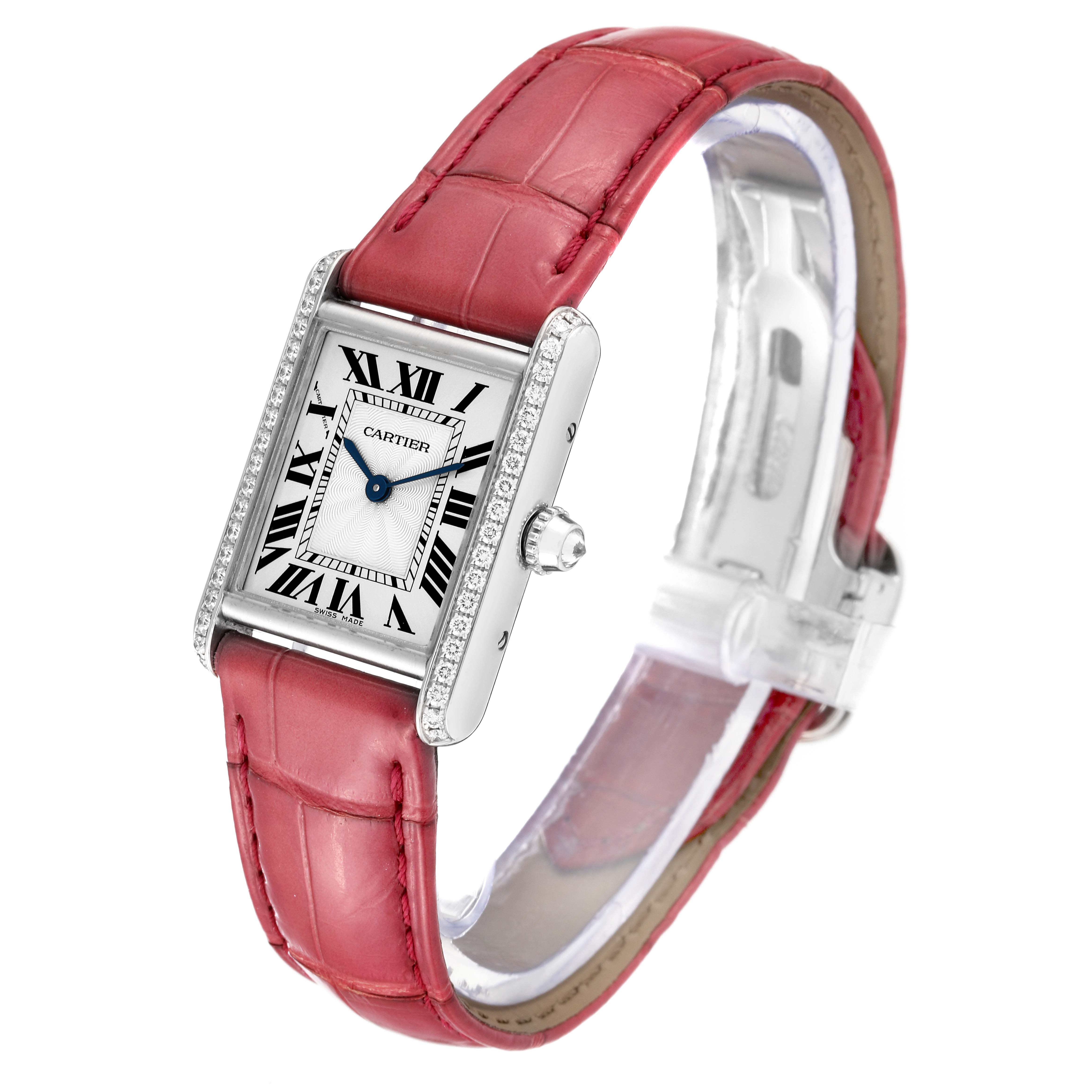 The image shows a Cartier Tank Louis WJTA0011 Women's White Gold Silver Dial WJTA0011 Women's White Gold Silver Dial watch with a red leather strap, viewed from an angled front perspective.