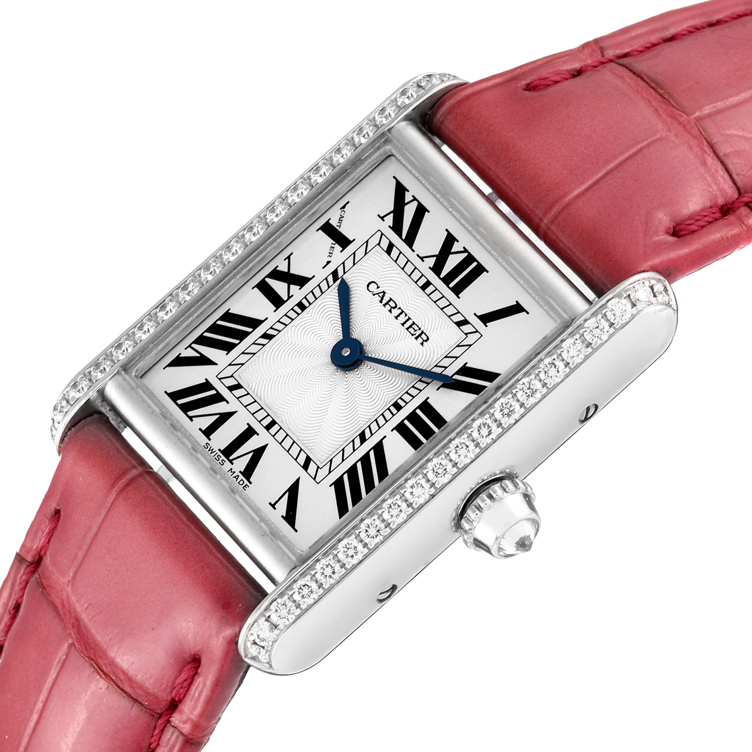The image shows a Cartier Tank Louis WJTA0011 Women's White Gold Silver Dial WJTA0011 Women's White Gold Silver Dial model watch with a rectangular case, bezel set with diamonds, and a pink leather strap, viewed from an angled top.