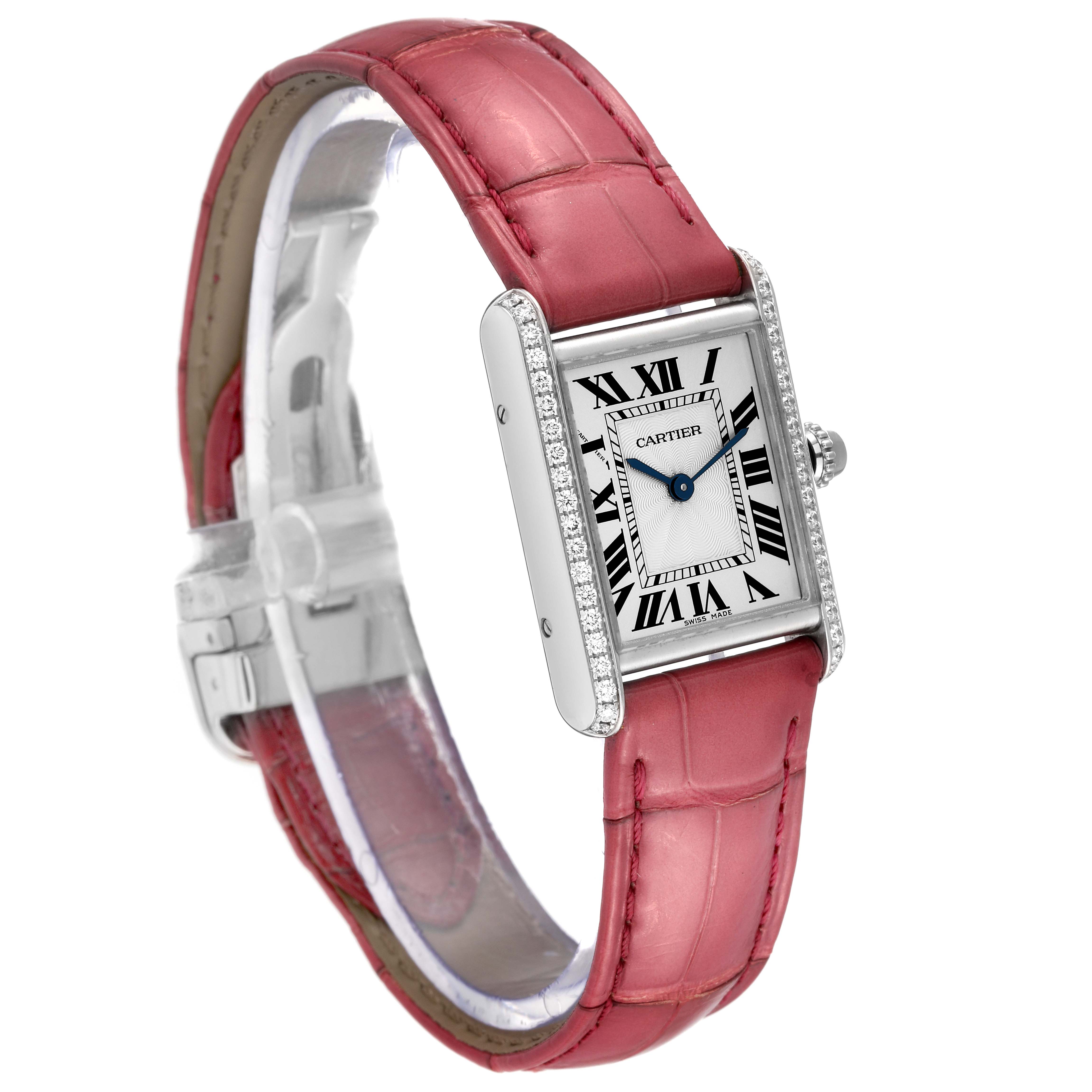 The image shows a Cartier Tank Louis WJTA0011 Women's White Gold Silver Dial WJTA0011 Women's White Gold Silver Dial watch at a side angle, displaying the face, bezel, and pink strap.